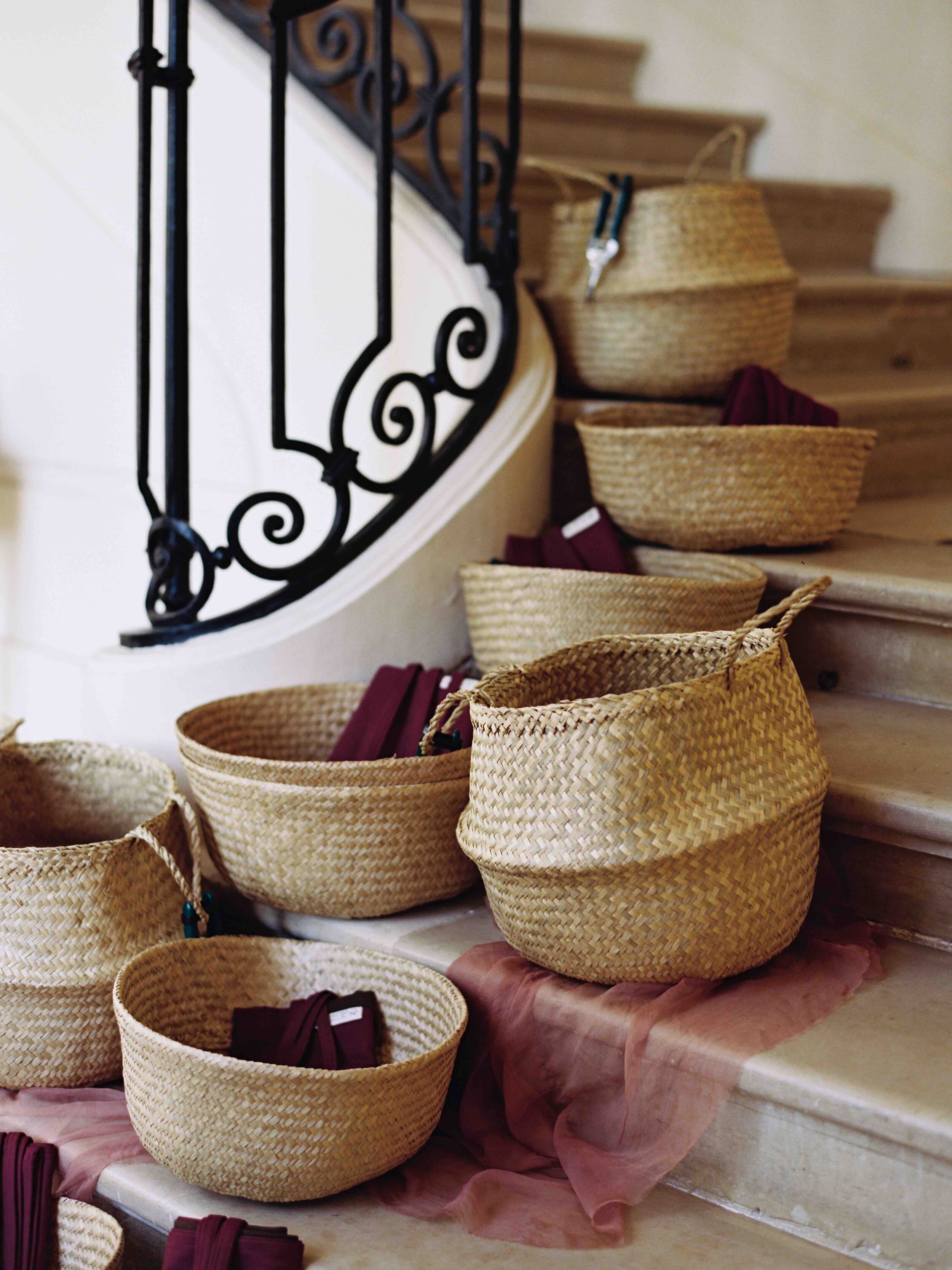 Wicker baskets lined up on a staircase during the Ponderosa Thyme workshop.