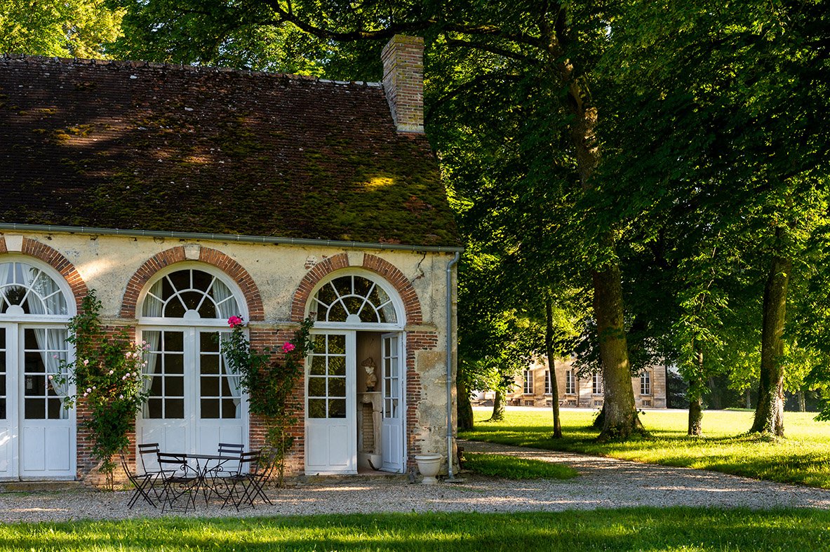 The facade of the Orangerie, the party space on the  Chateau de Courtomer estate.