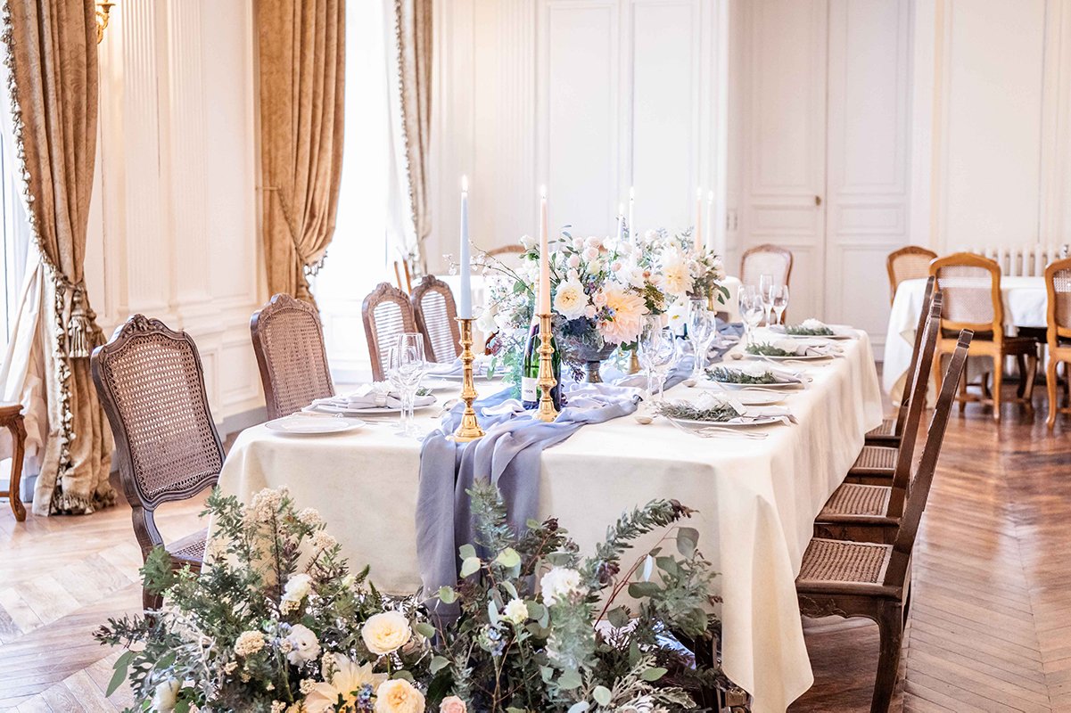 A sumptious, intimate, pastel wedding tablescape  at Chateau de Courtomer, the perfect venue for a wedding or family event.