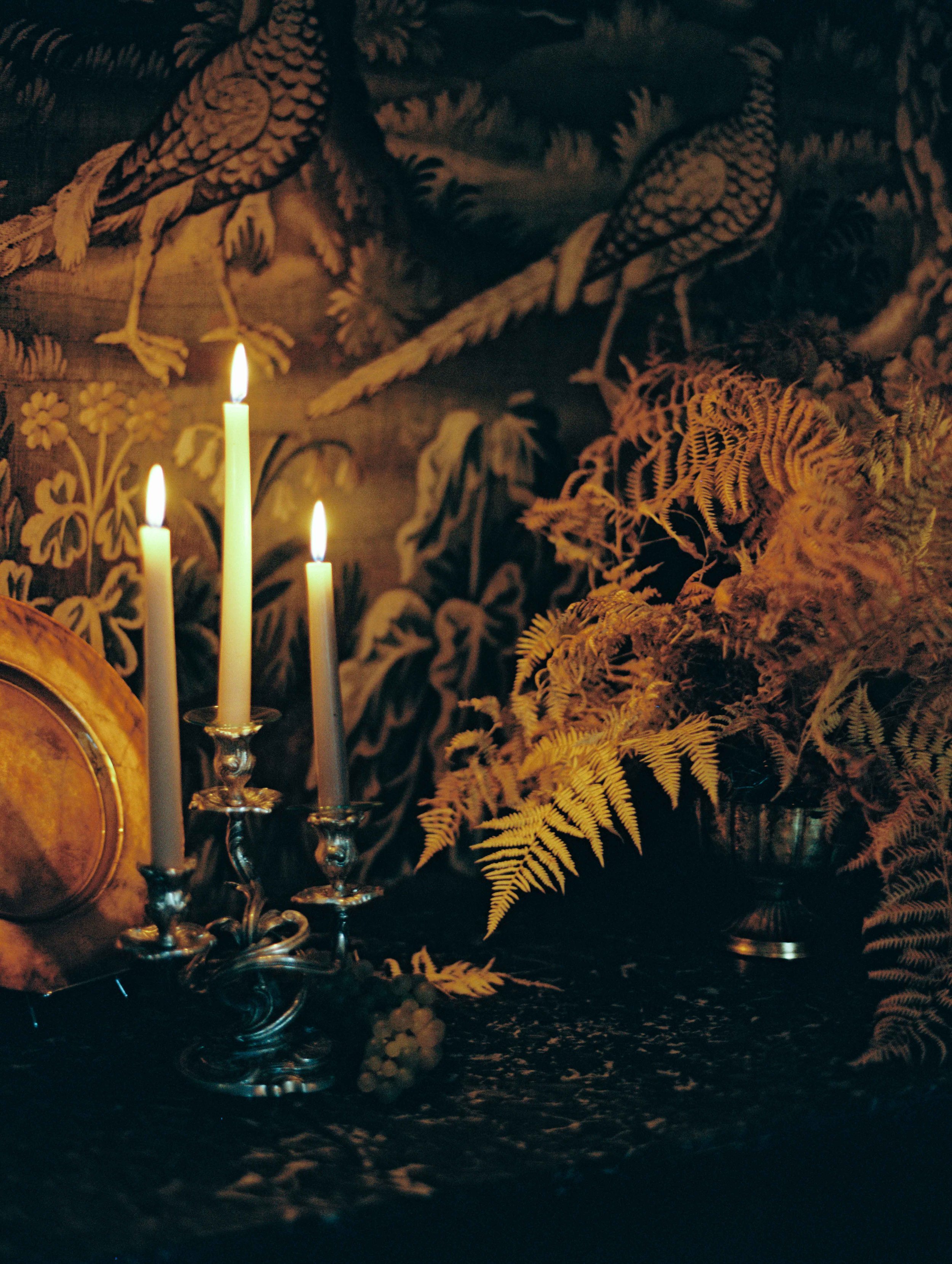 Candles in a candelabra light up the ornate wallpaper decorated with ferns and peacocks at the chateau.