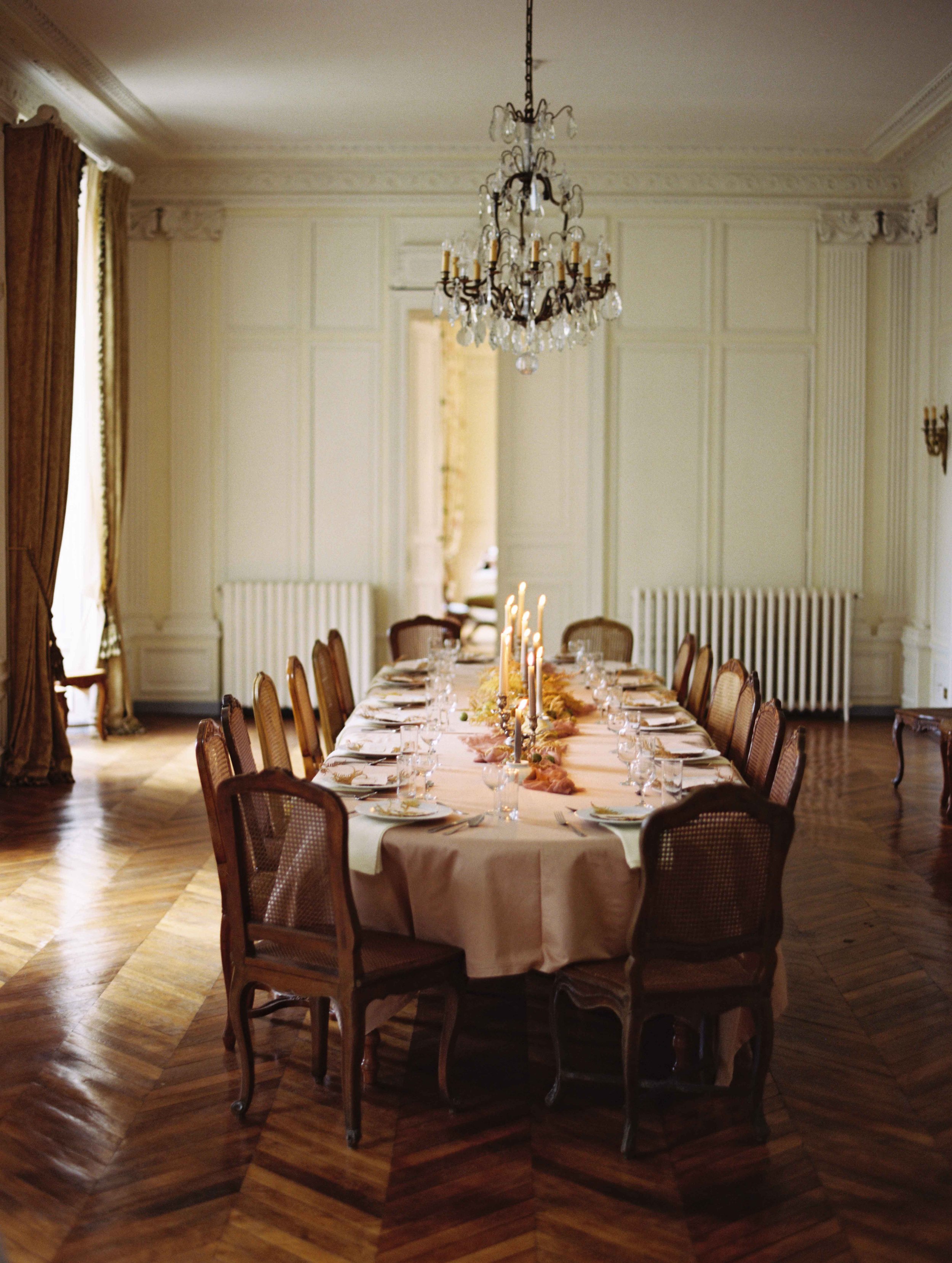A elegant table setting available for formal and relaxed dining in the french chateau accommodation.