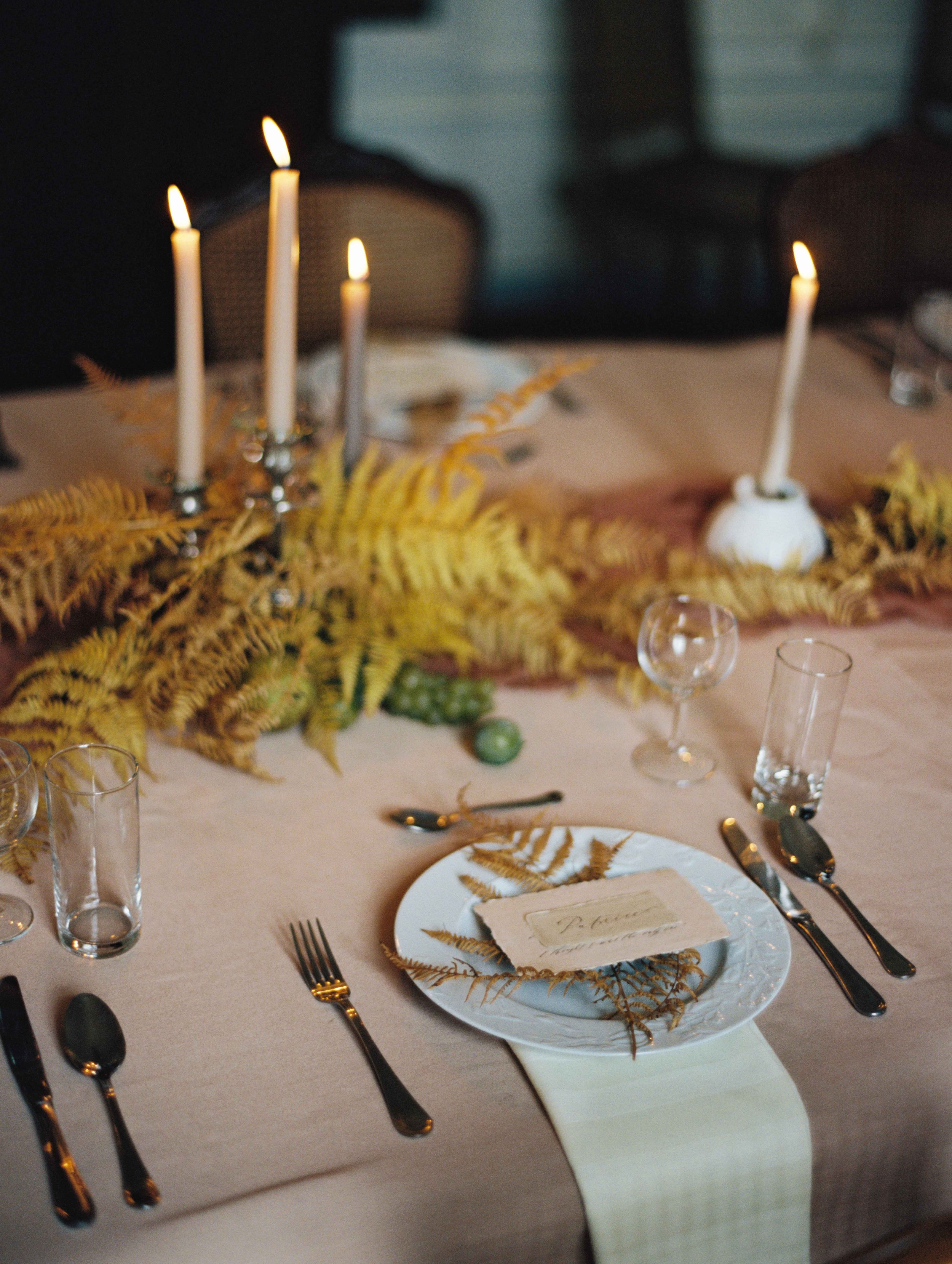A single place setting on a table with candles and fern in a chateau in France.