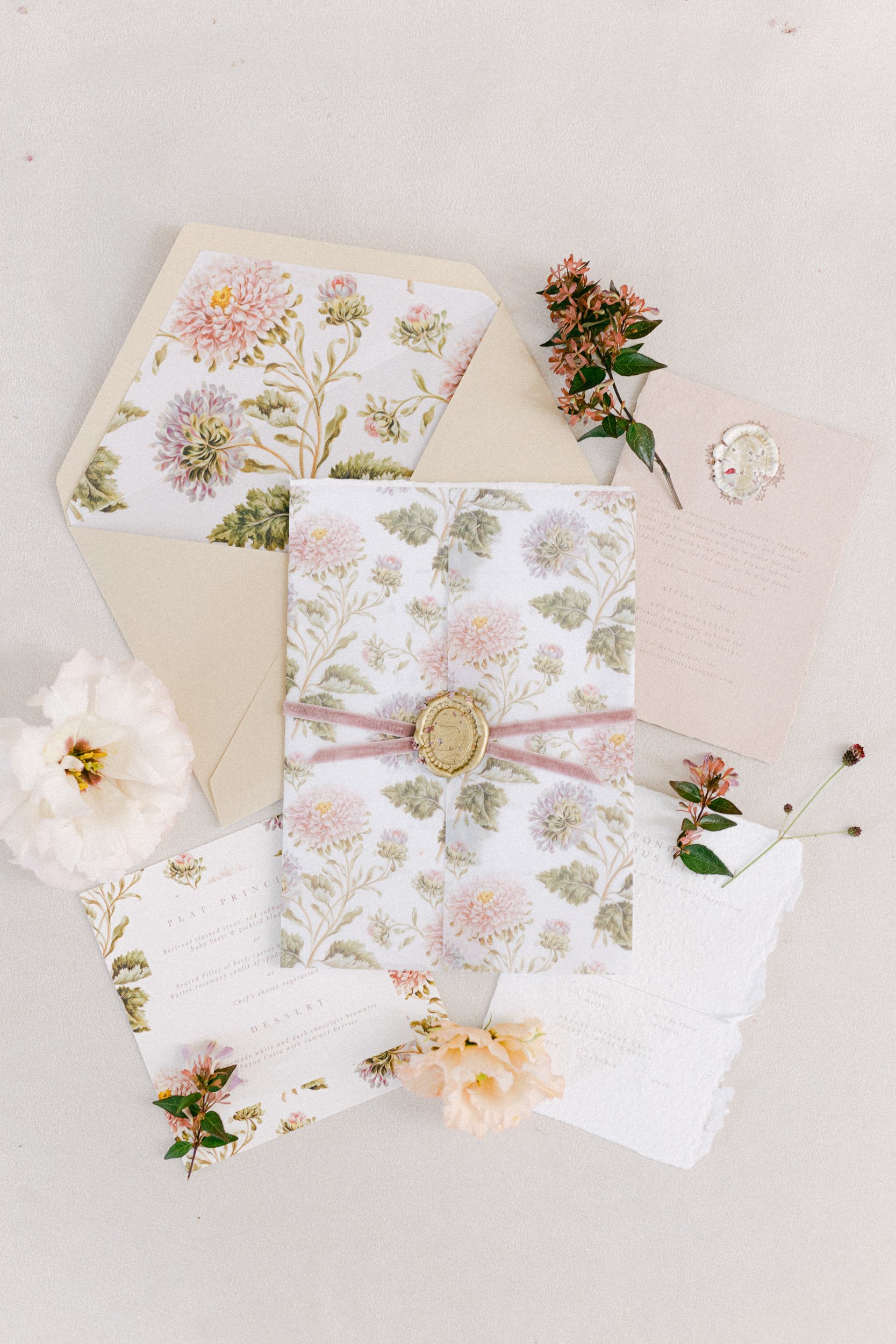 Elegant, floral wedding stationery, specially designed for a bespoke, intimate wedding at Chateau de Courtomer