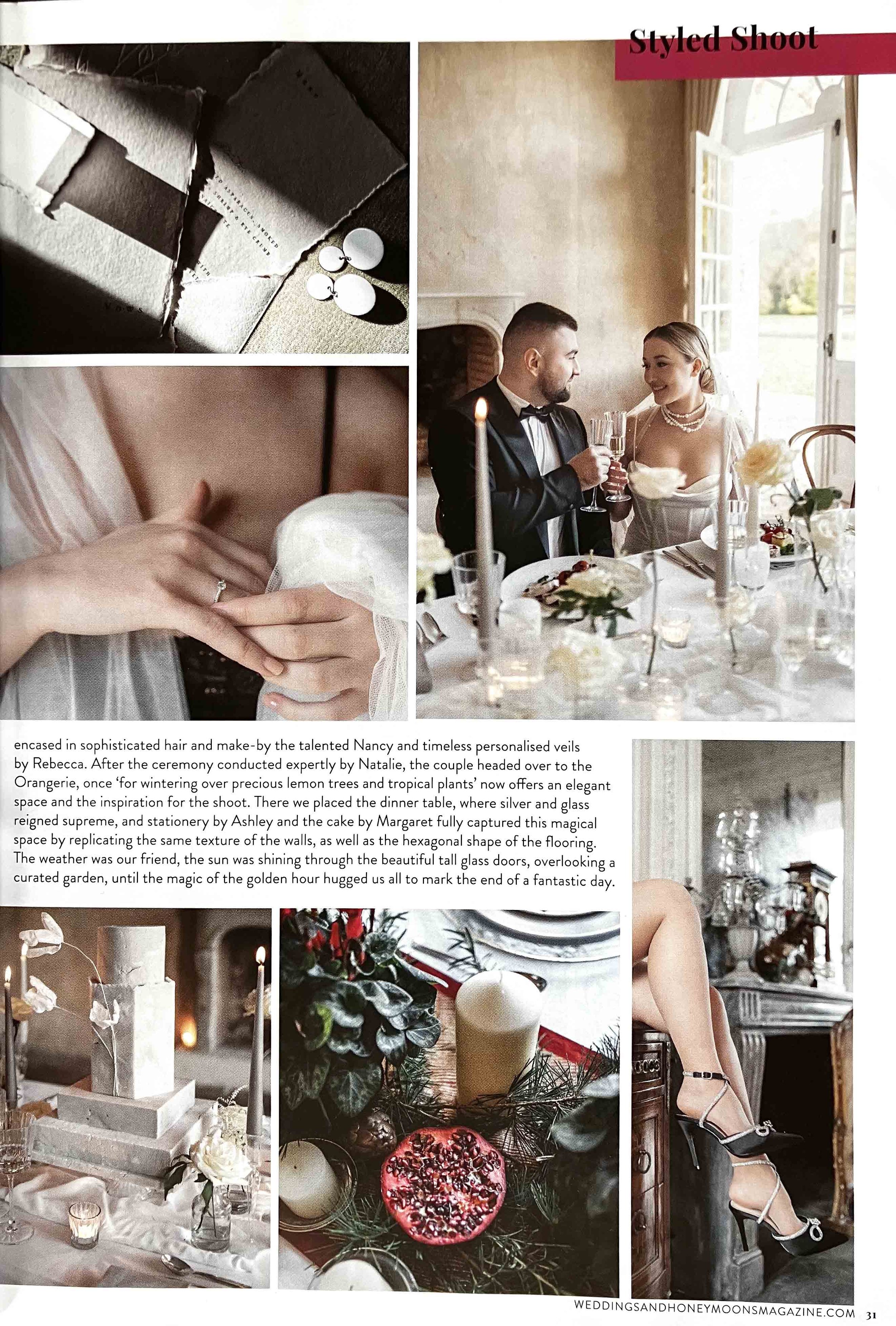 A magazine spread with pictures of a luxurious, intimate French chateau wedding at Chateau de Courtomer.