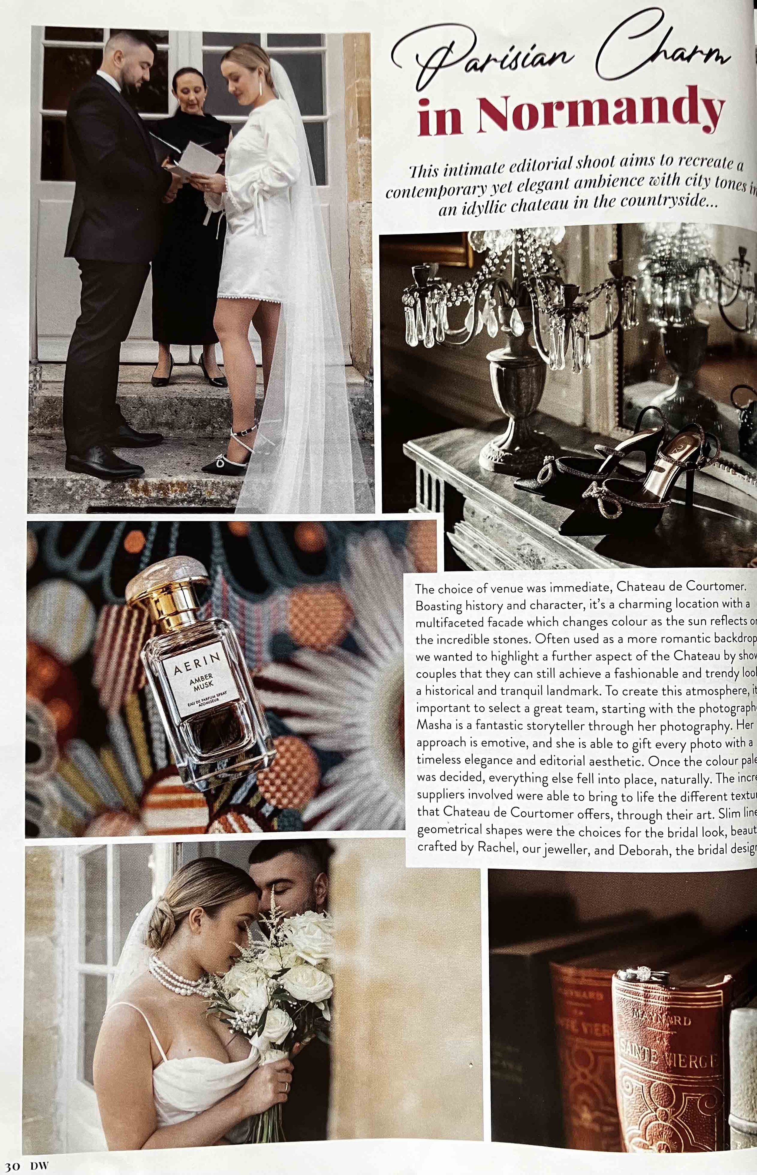 A magazine spread titled, 'Parisian Charm in Normandy' with pictures of a French chateau wedding at Courtomer.