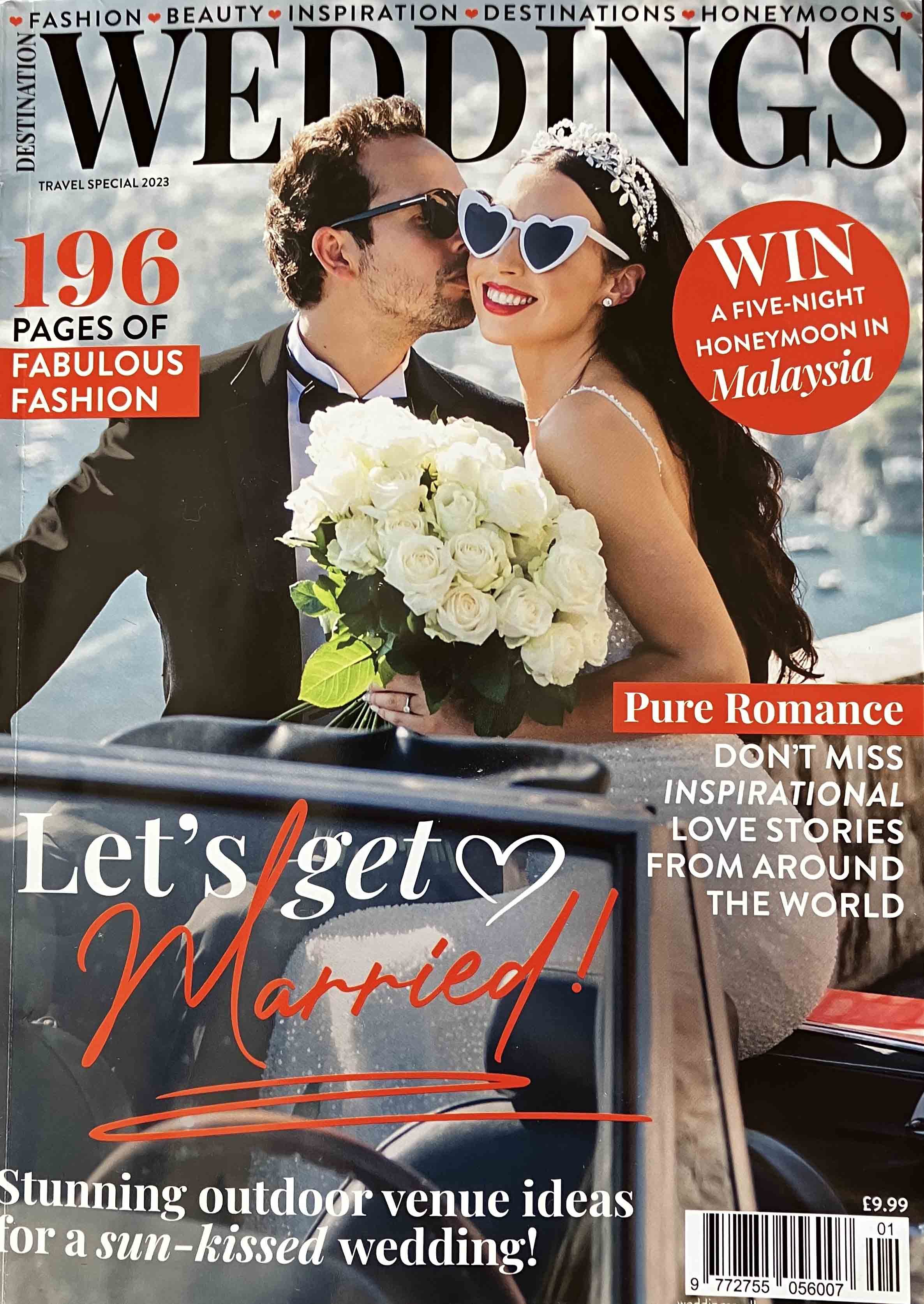The cover of weddings magazine with a couple sitting on top of a car and holding a bouquette.