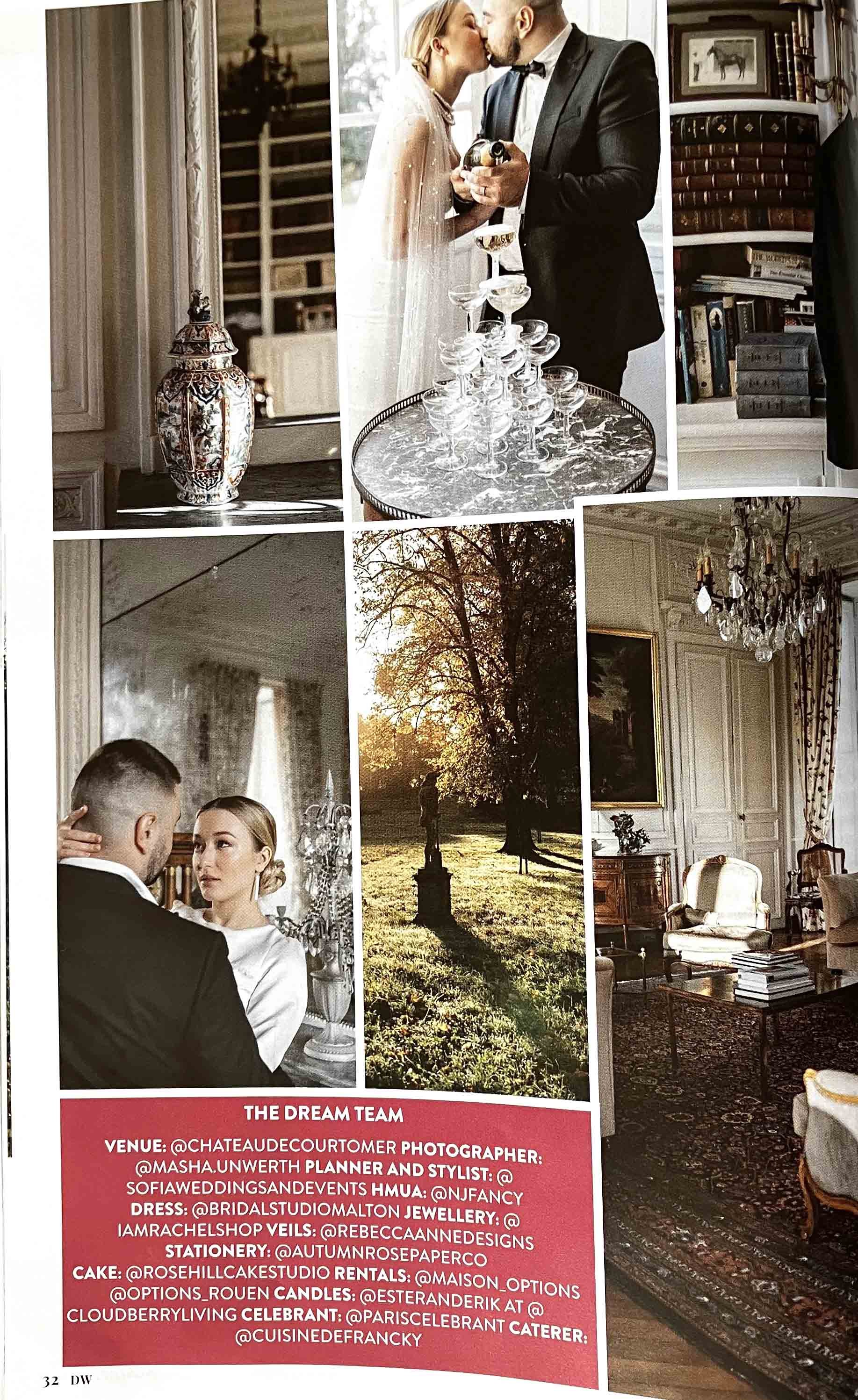 A magazine spread with pictures of a French chateau wedding including a bride and groom kissing next to a champagne tower.