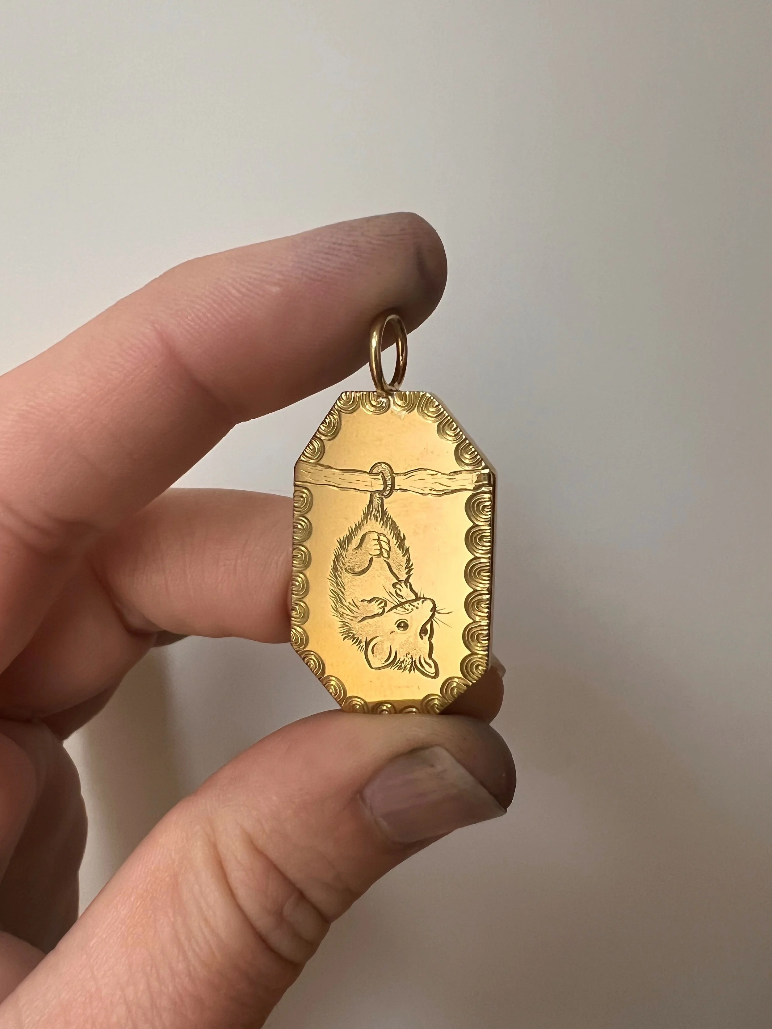 Hand engraved brass Opossum pendant