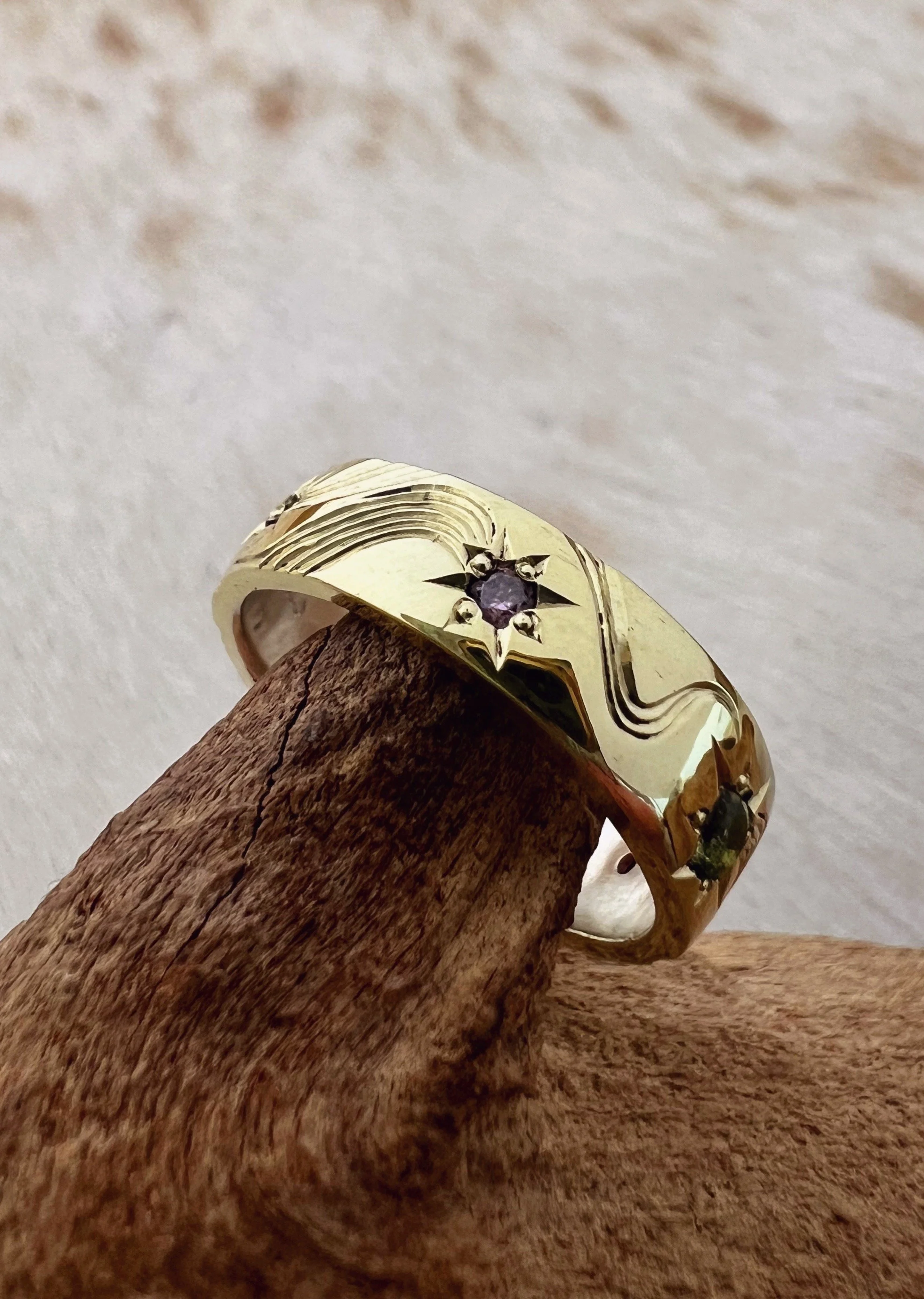Hand engraved shooting star ring