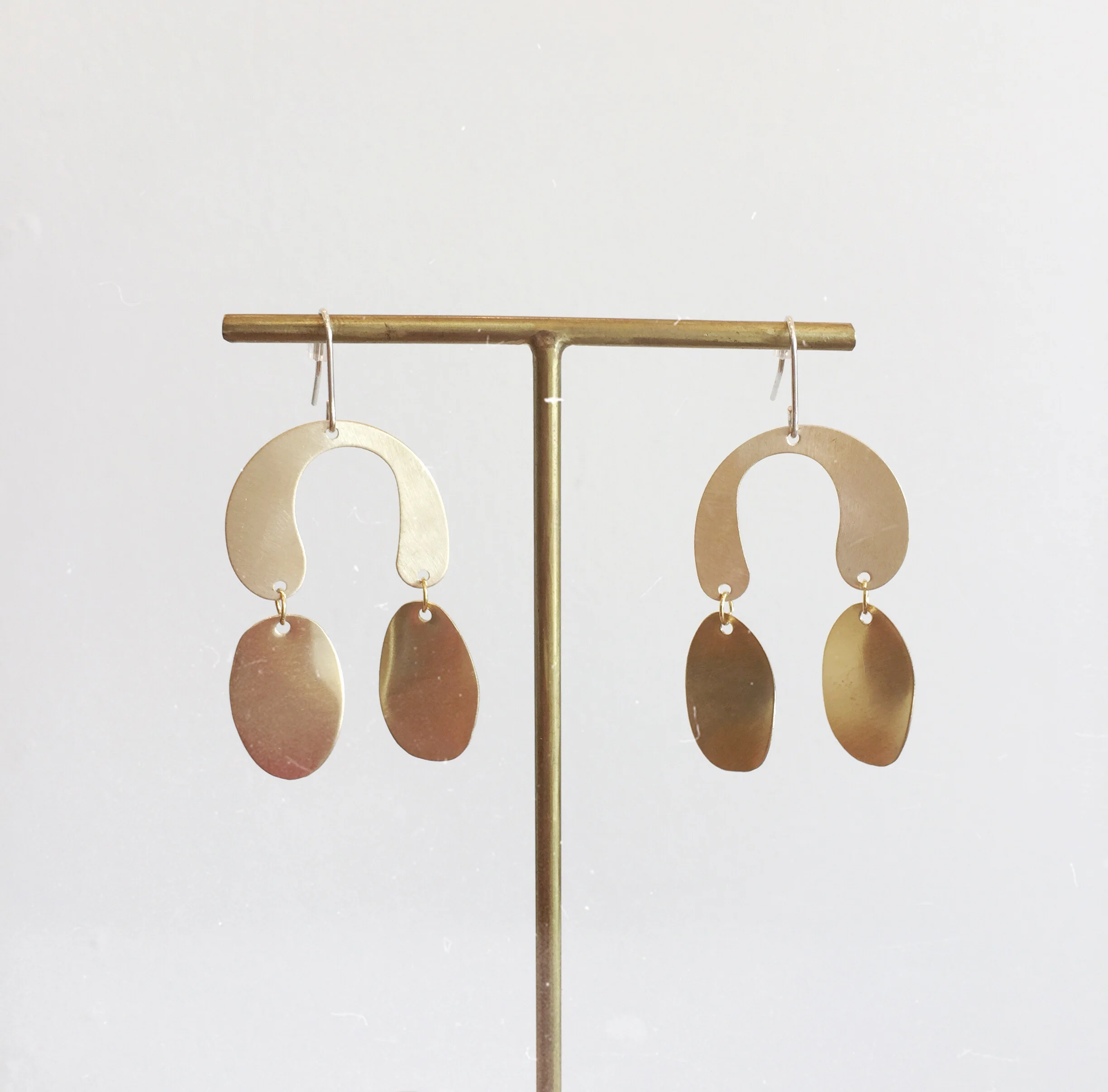Organic shaped brass earrings, surgical steel ear hooks