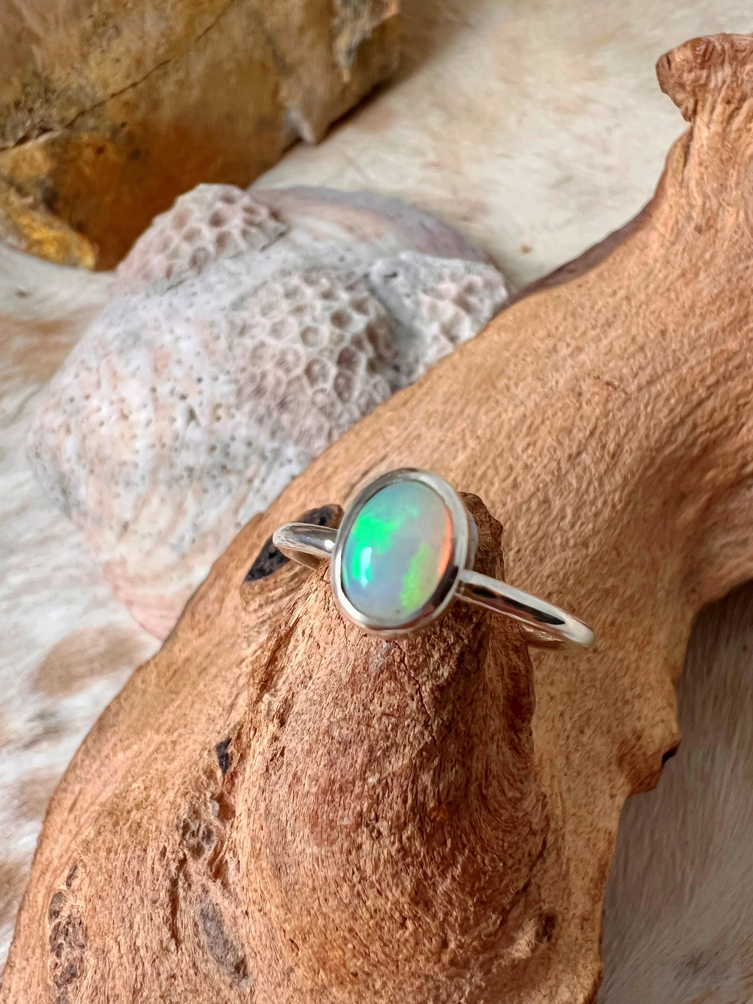 rainbow colored opal & silver ring