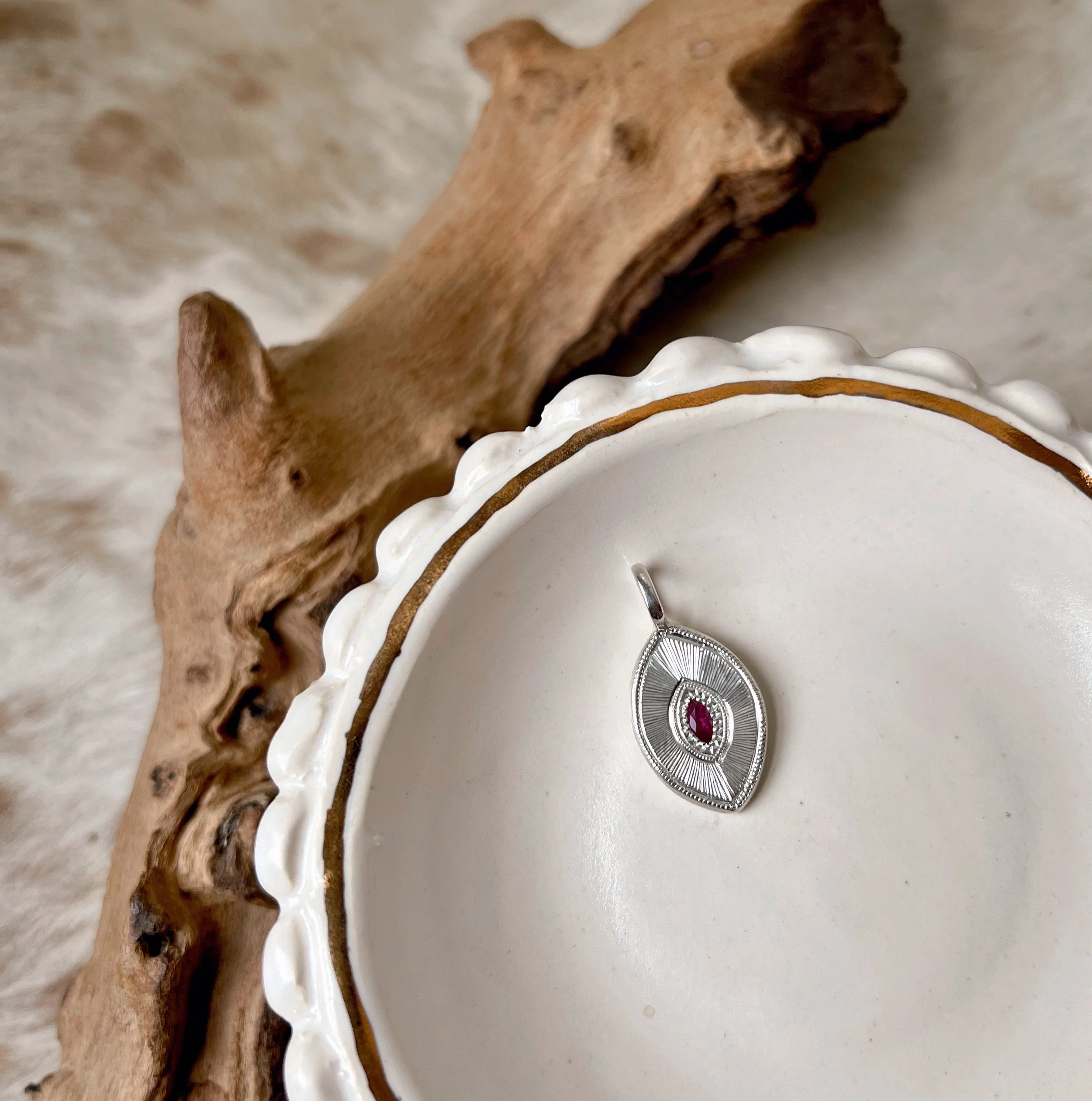 Silver and Ruby hand, engraved pendant