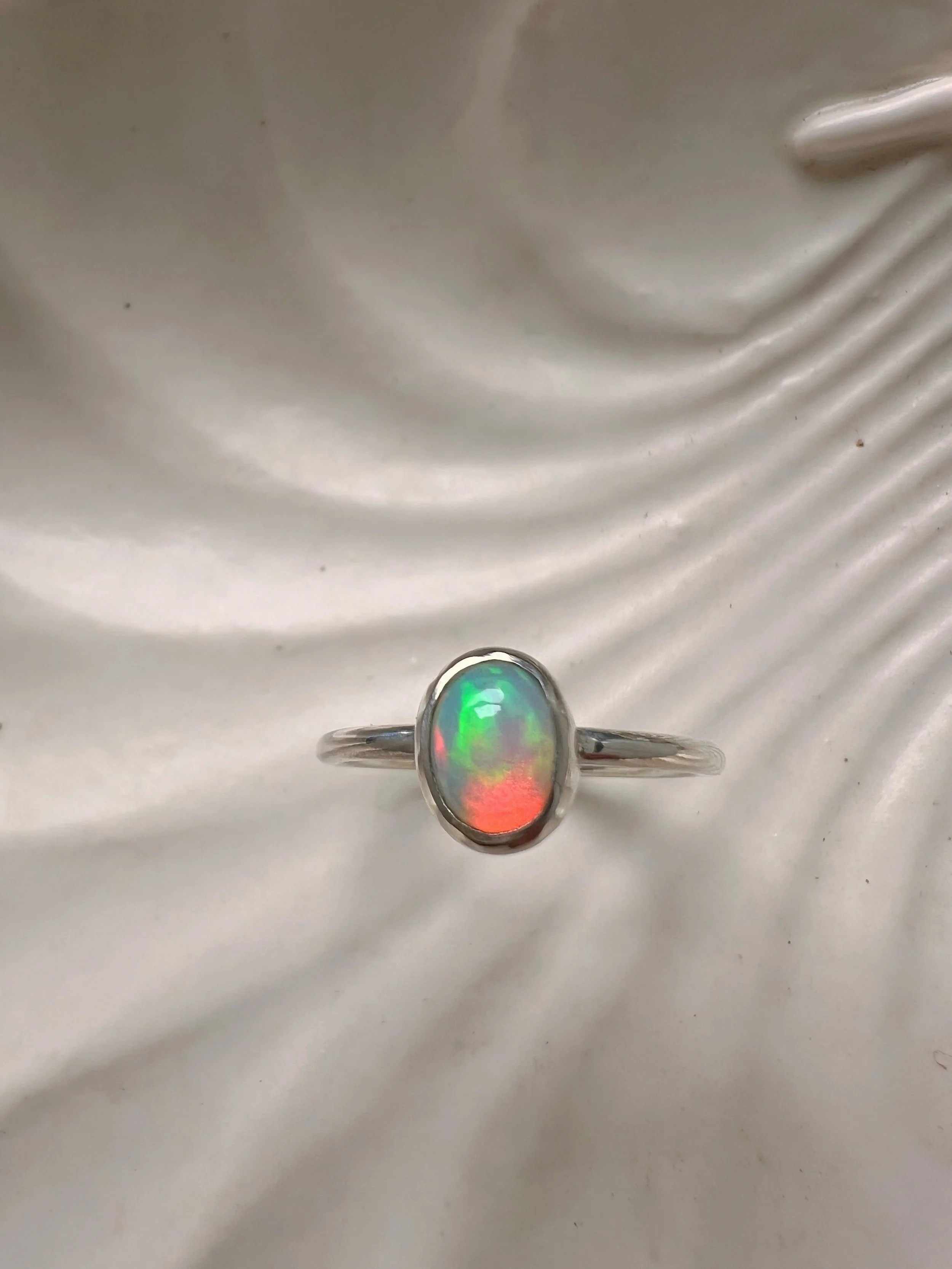 rainbow colored opal & silver ring