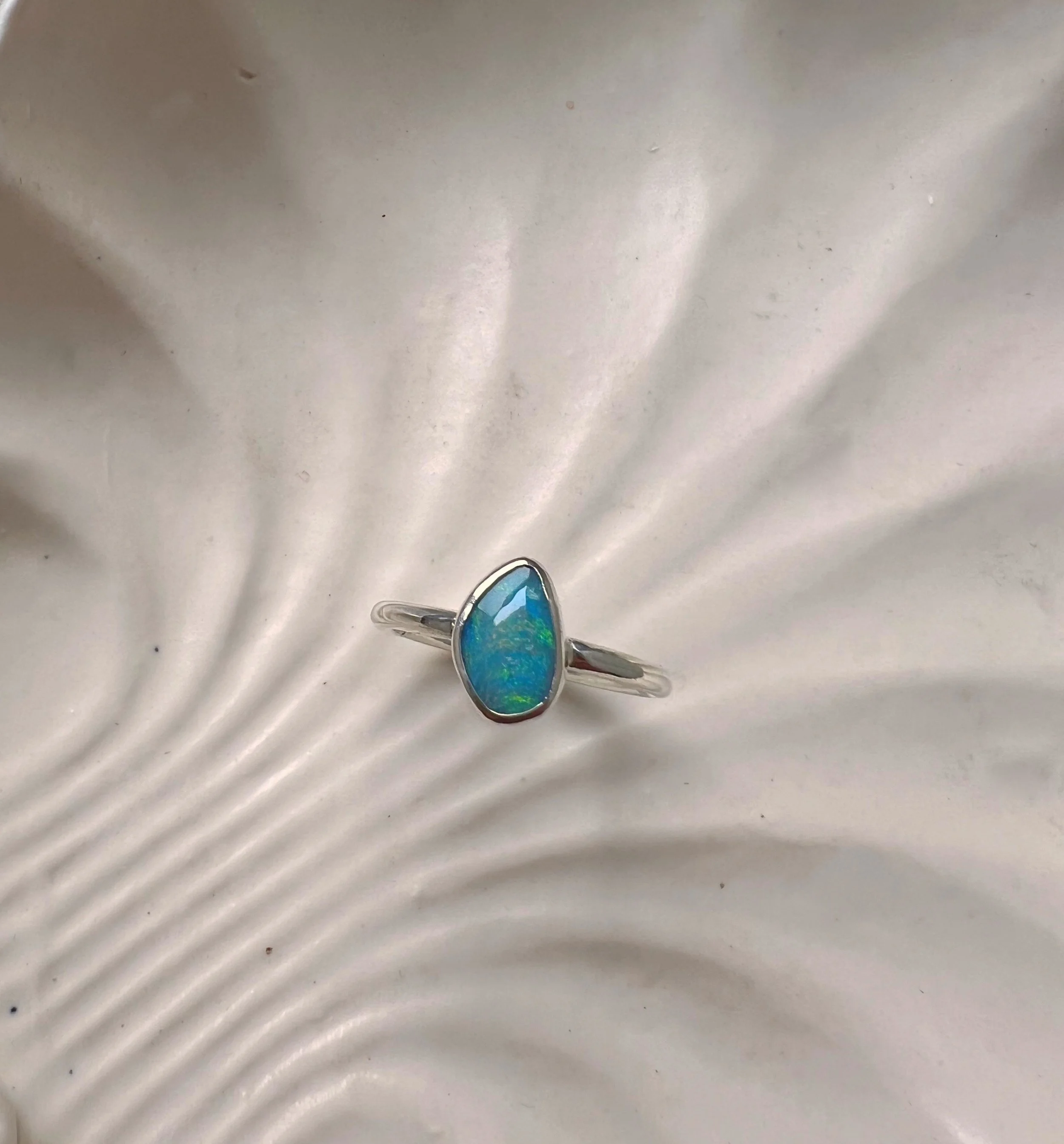 rainbow colored opal & silver ring