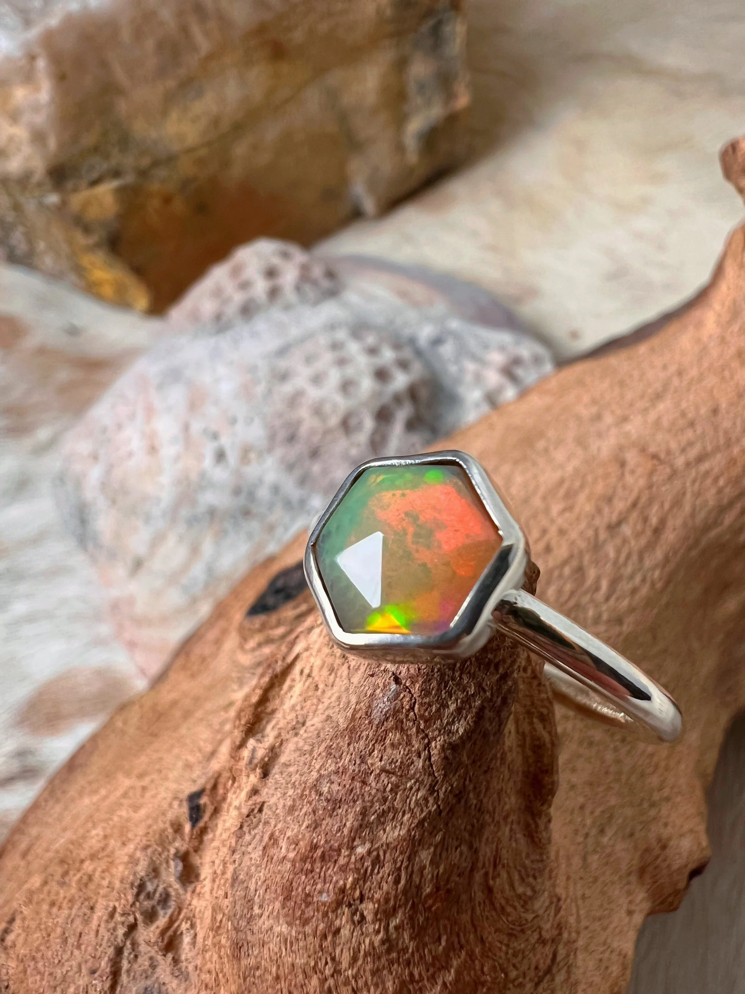 glowing hexagon opal & silver ring