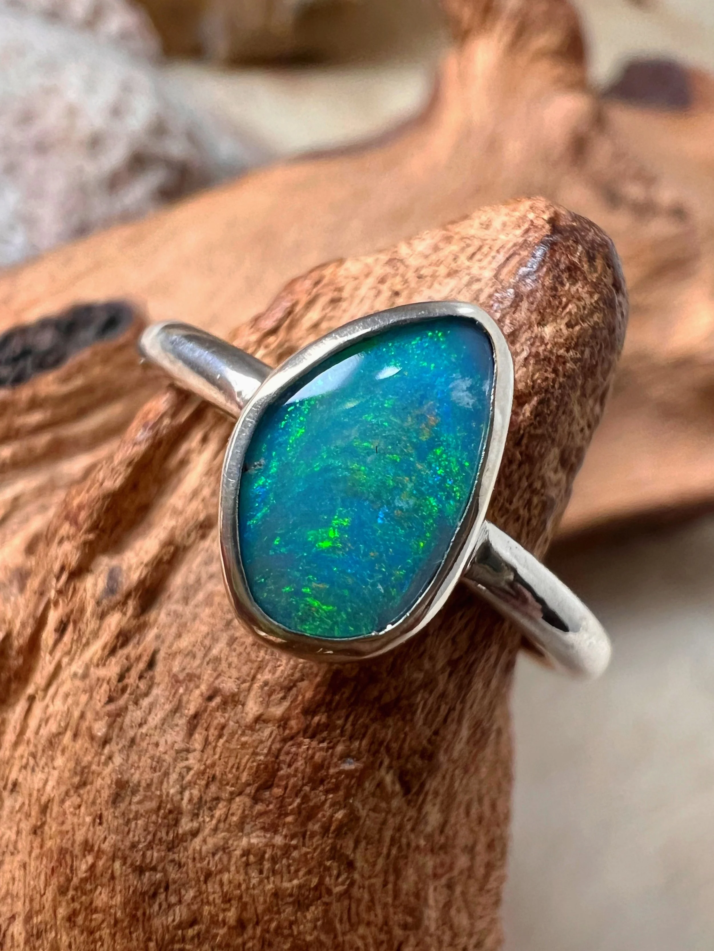 rainbow colored opal & silver ring
