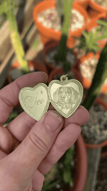 Customized brass "locket" with a detailed pet portrait engraving and script name