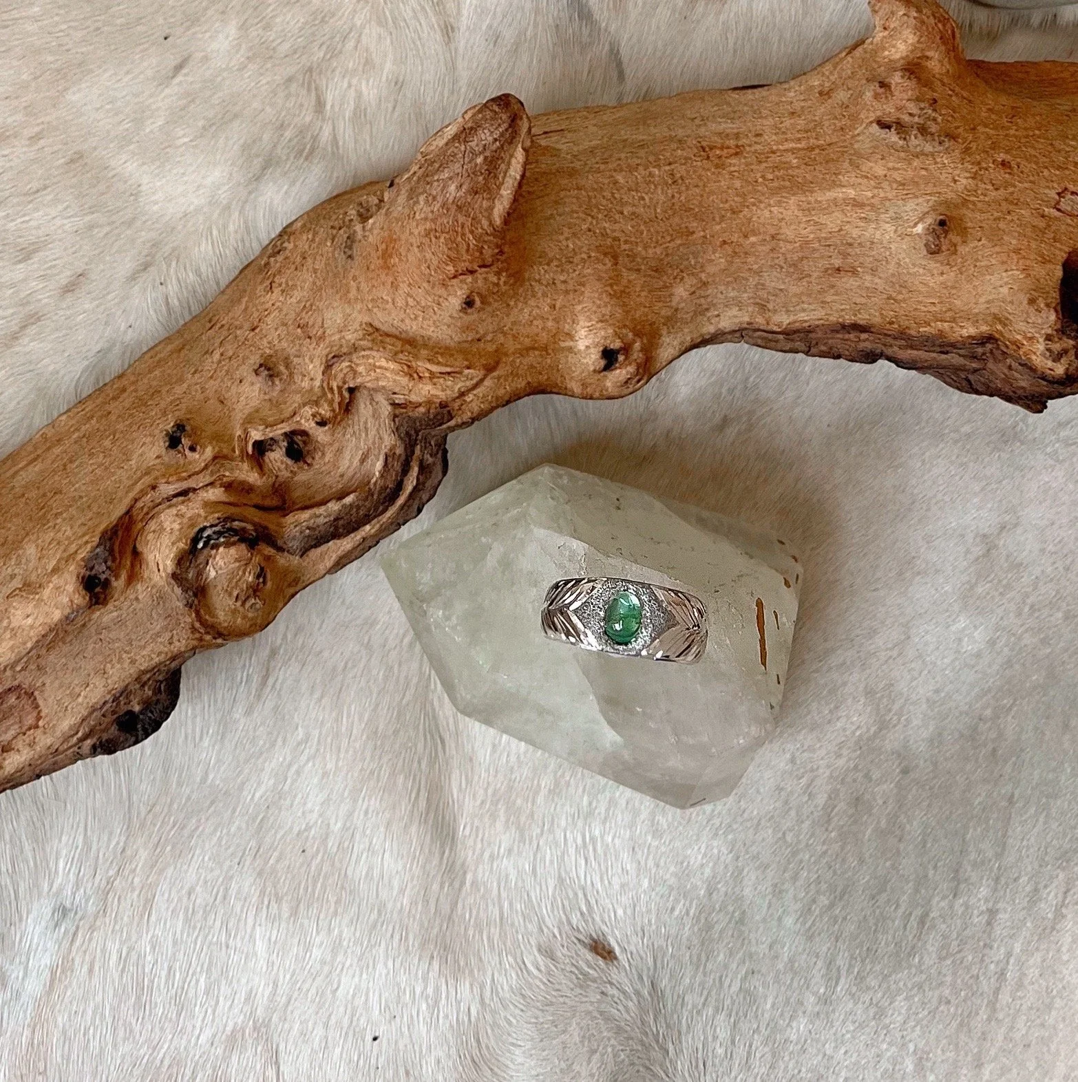 Engraved Silver & Emerald ring