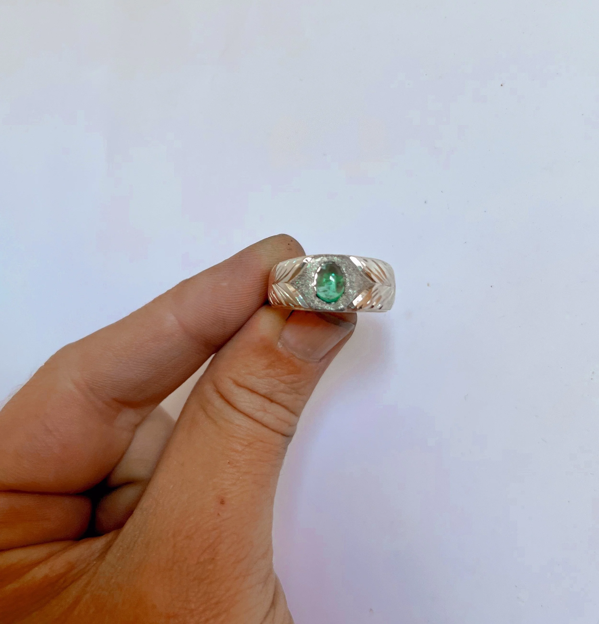 Engraved Silver & Emerald ring