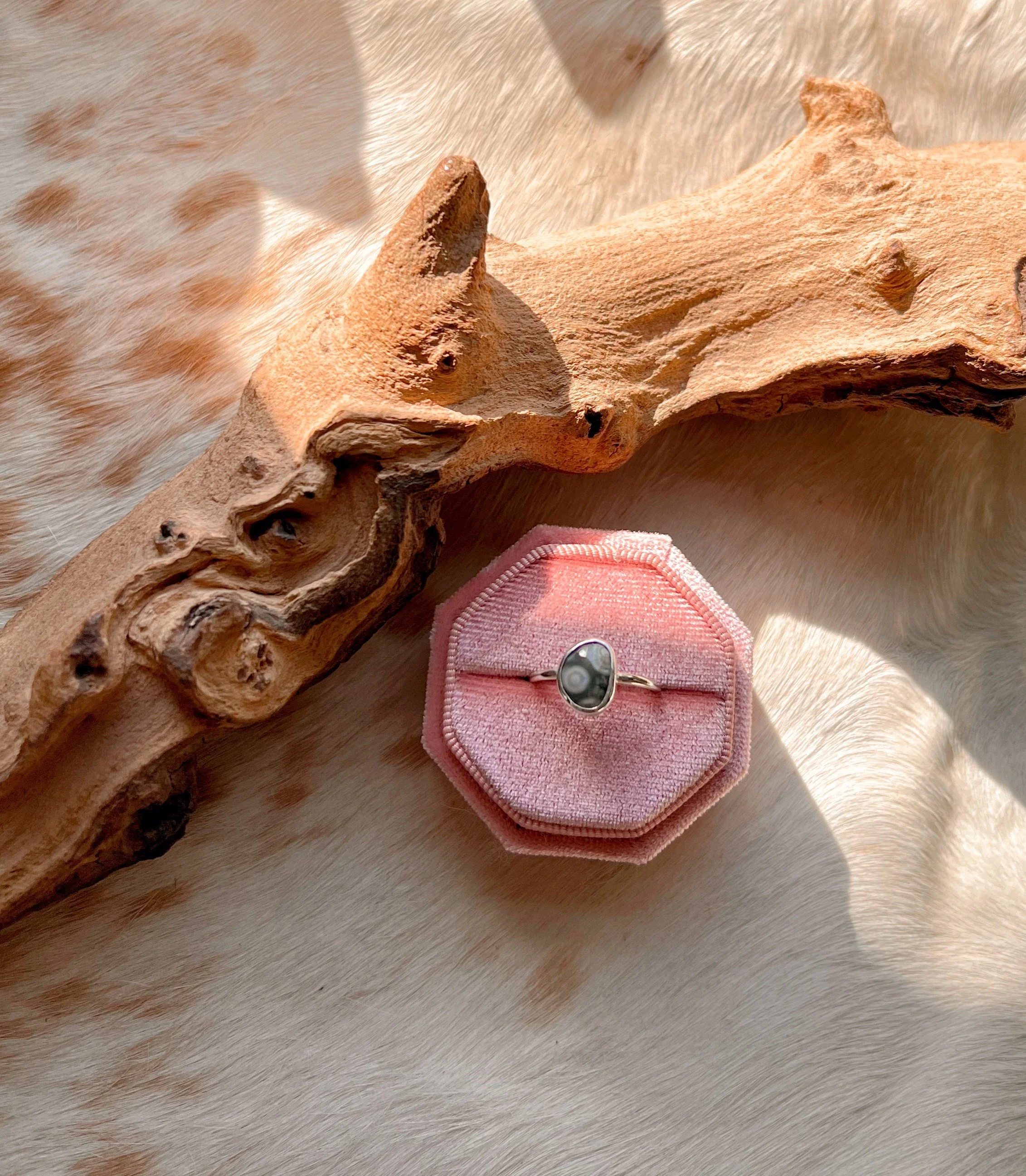 Sterling silver ring with a bezel-set , rose-cut Ocean Jasper