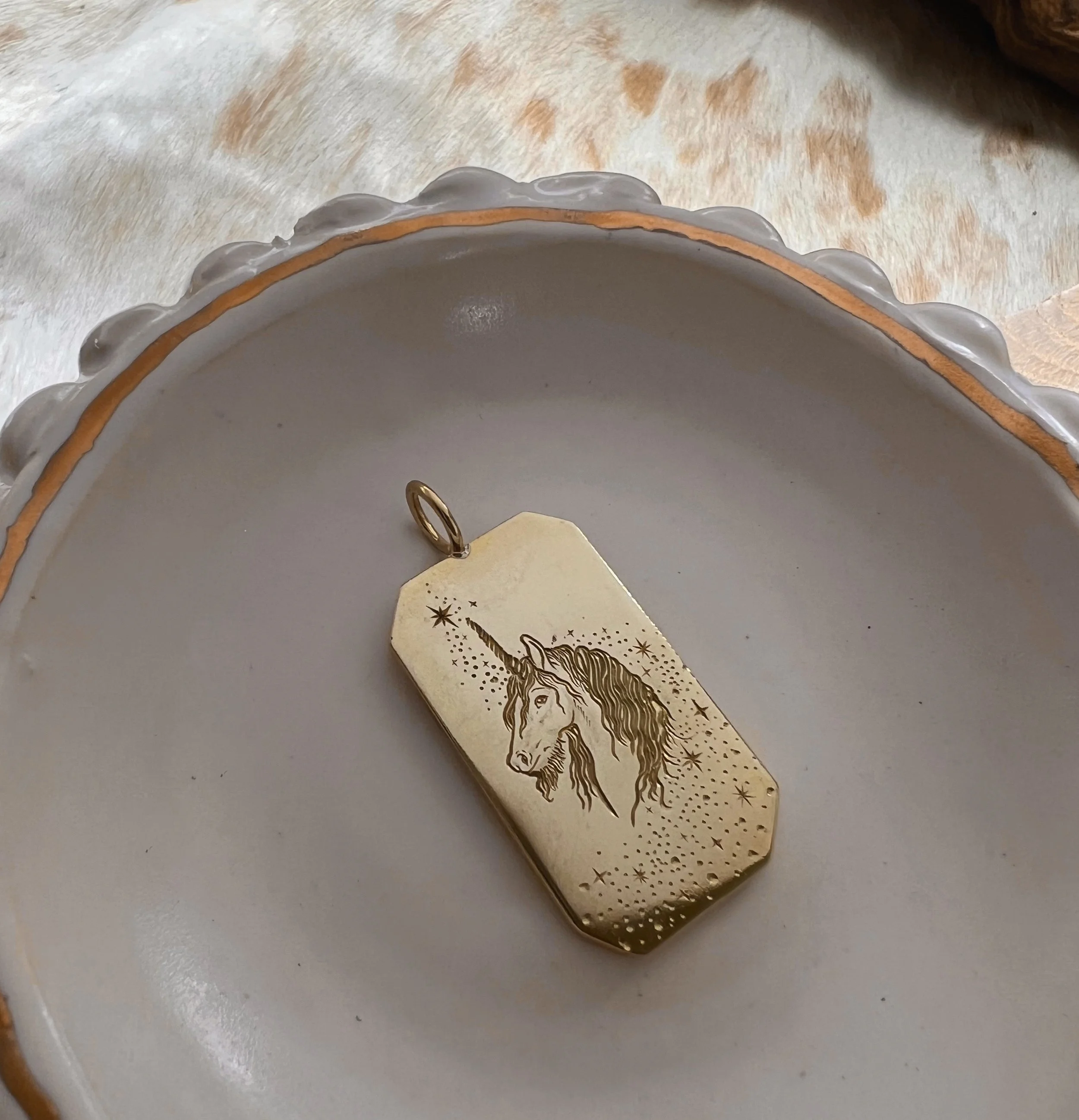 Hand engraved brass Unicorn Pendant
