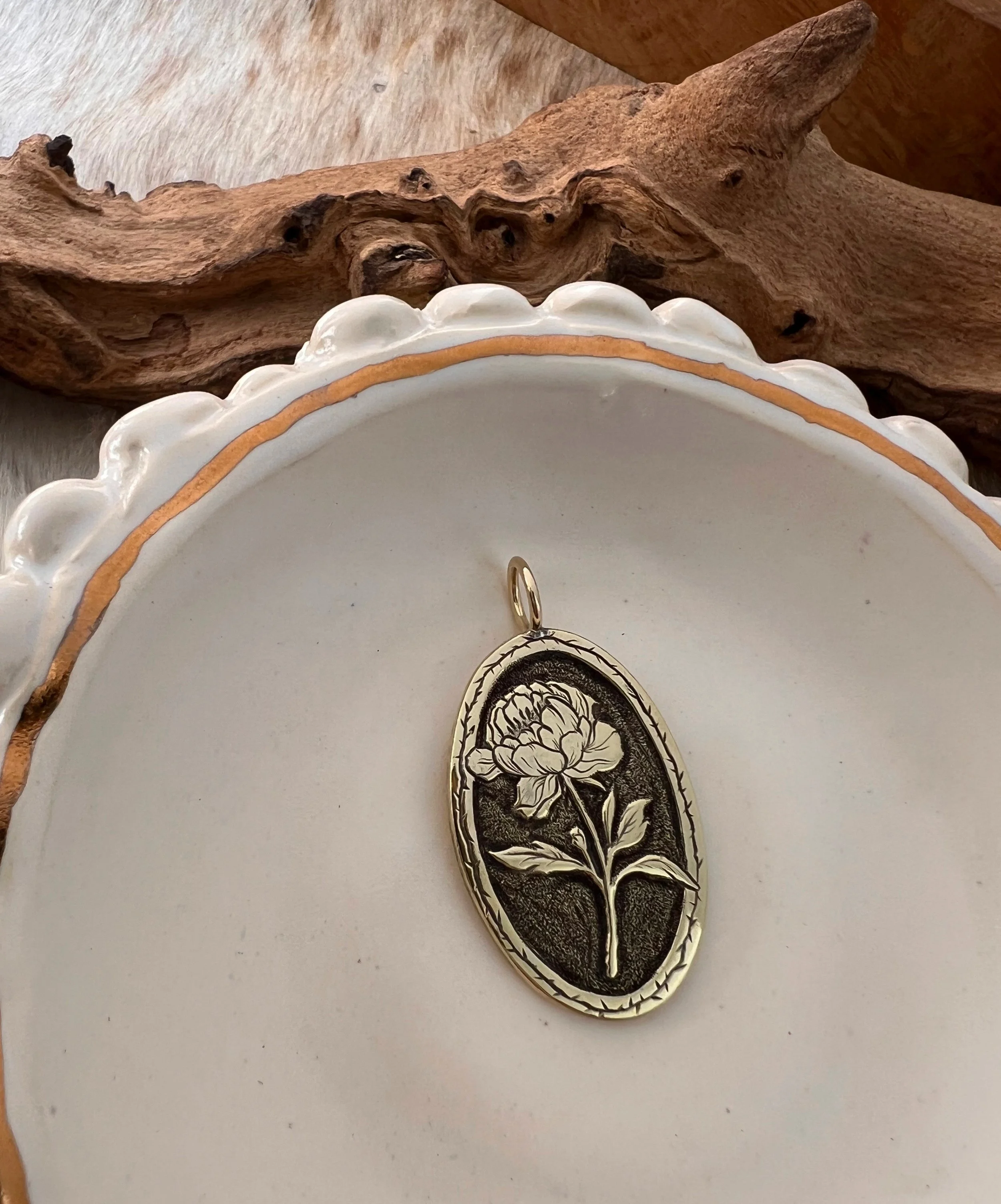 Band engraved, brass pendant featuring peony flower