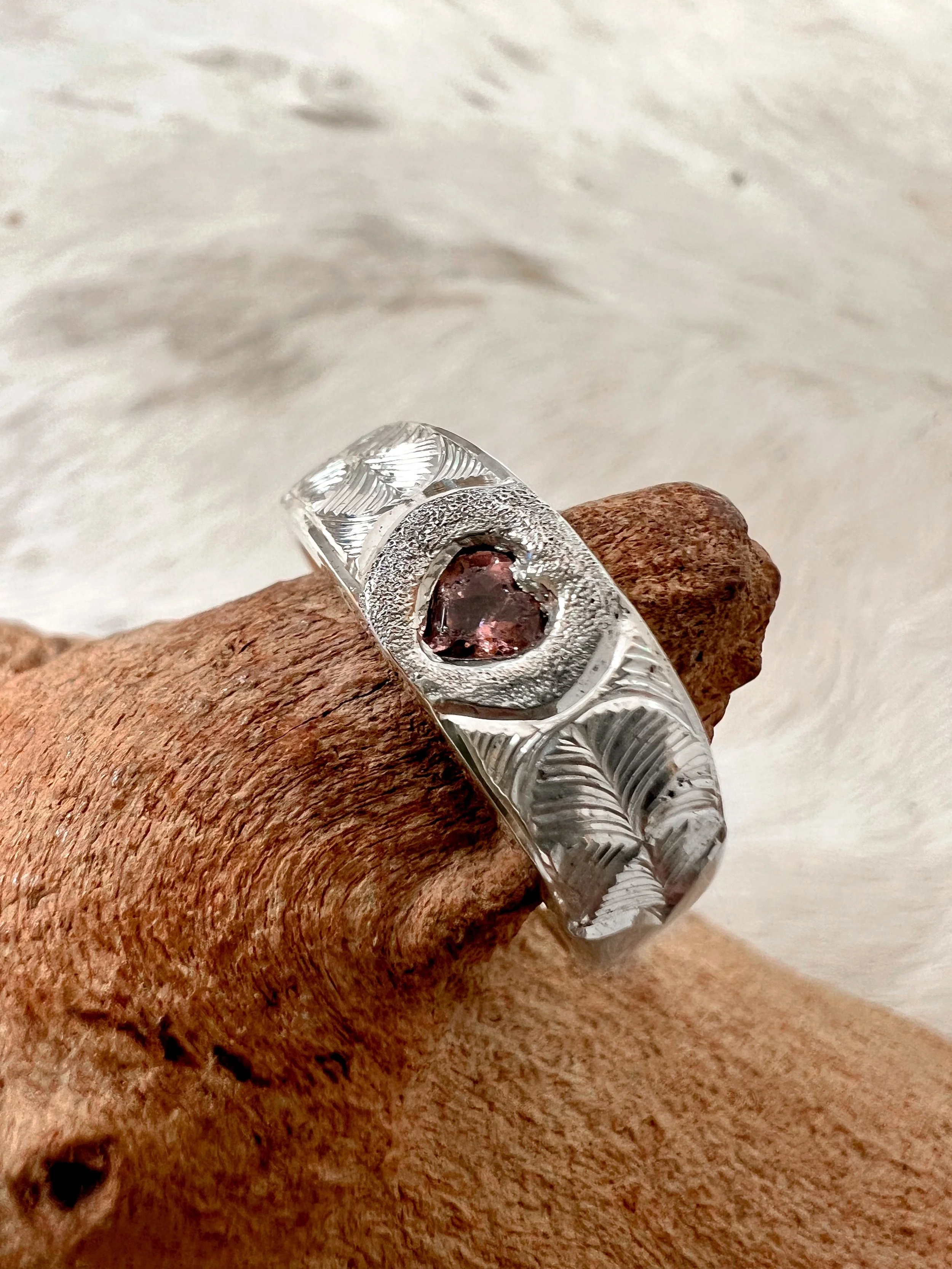Engraved Silver heart gemstone ring