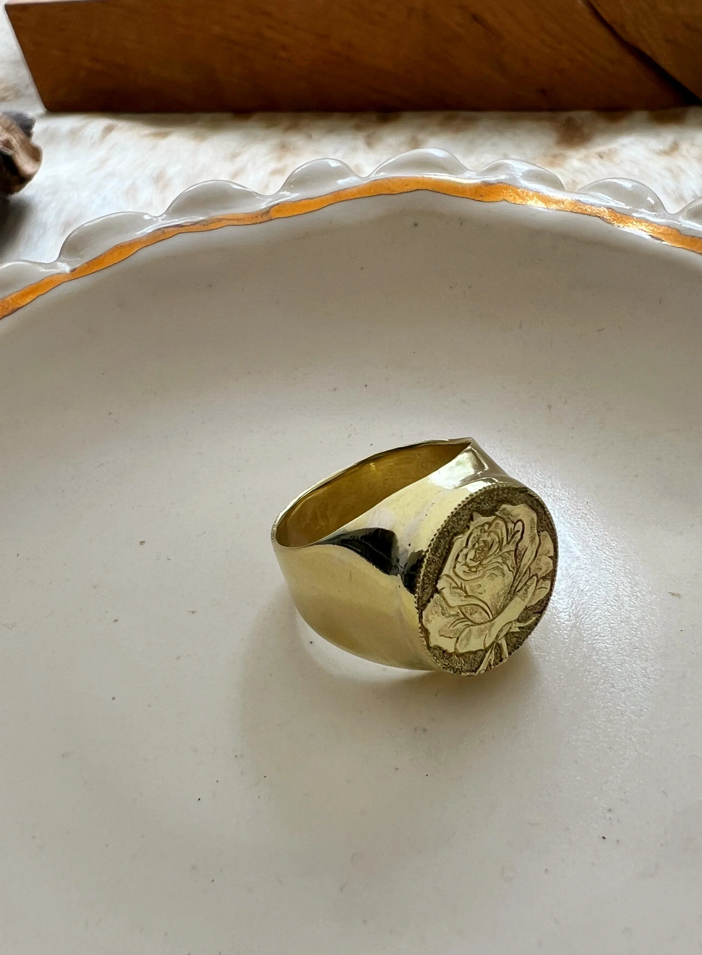 hand engraved rose signet ring