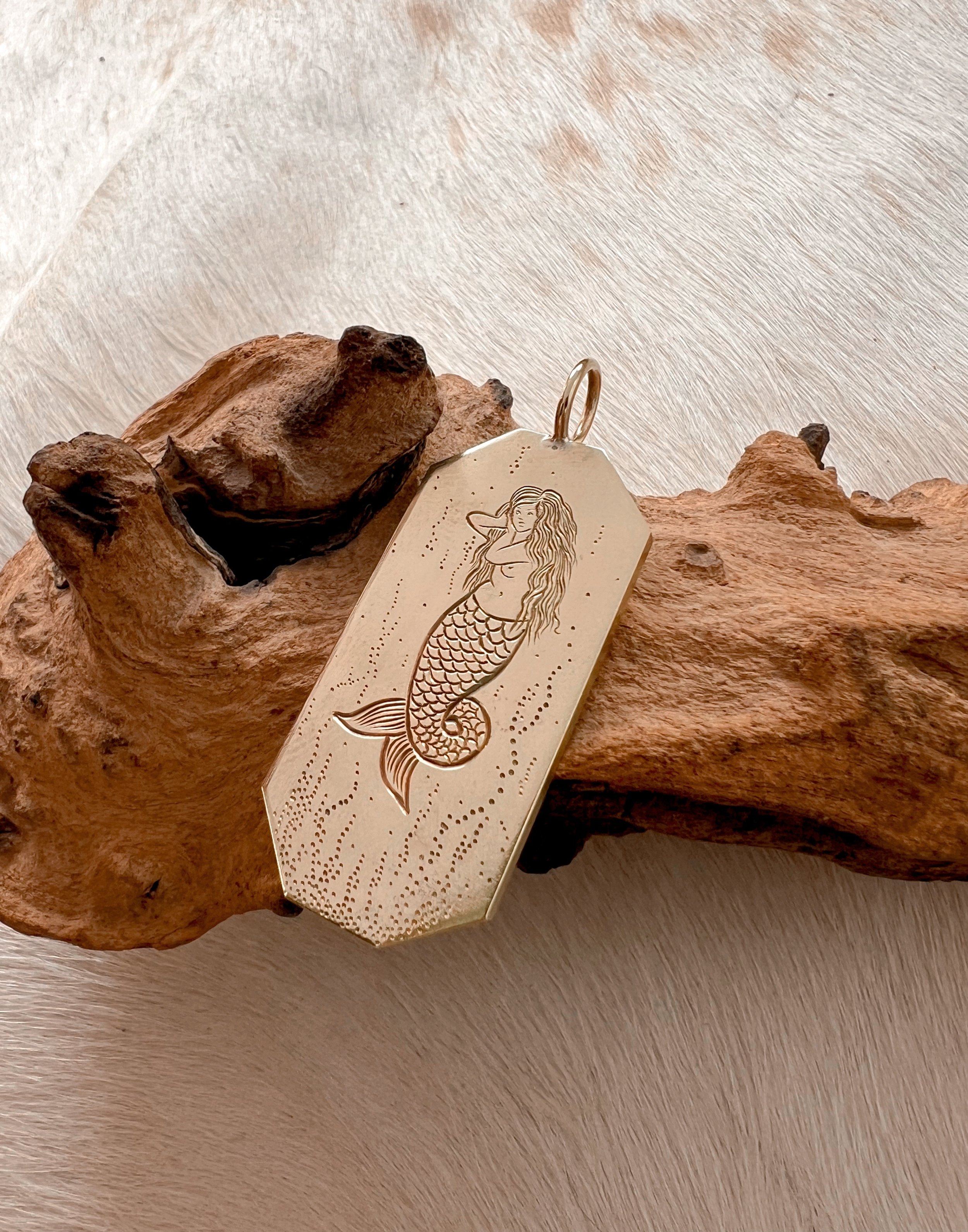 Engraved mermaid, brass pendant