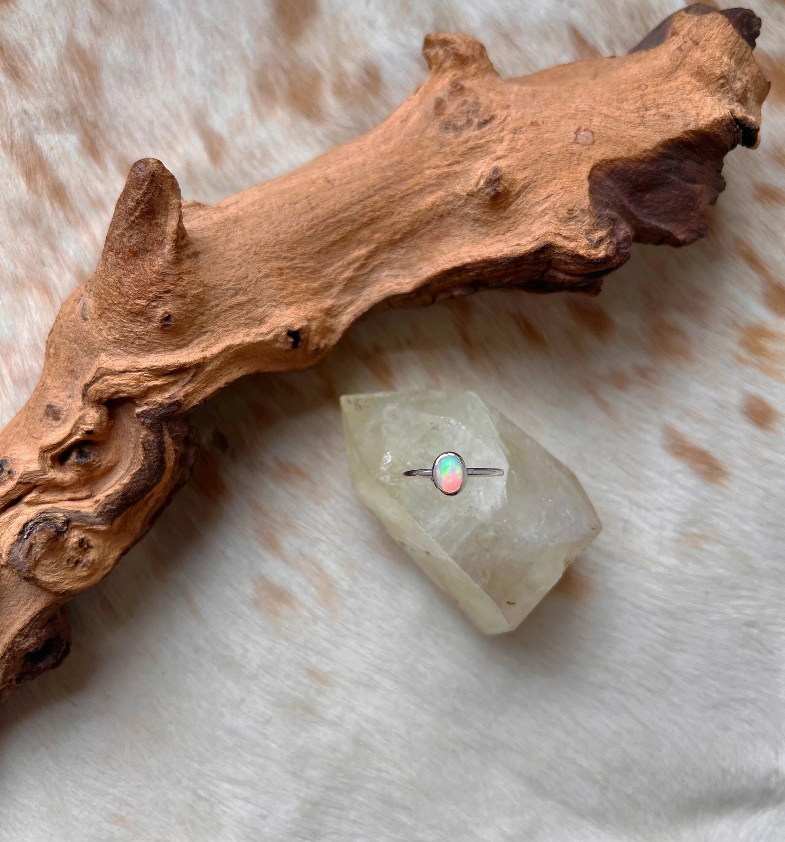 rainbow colored opal & silver ring