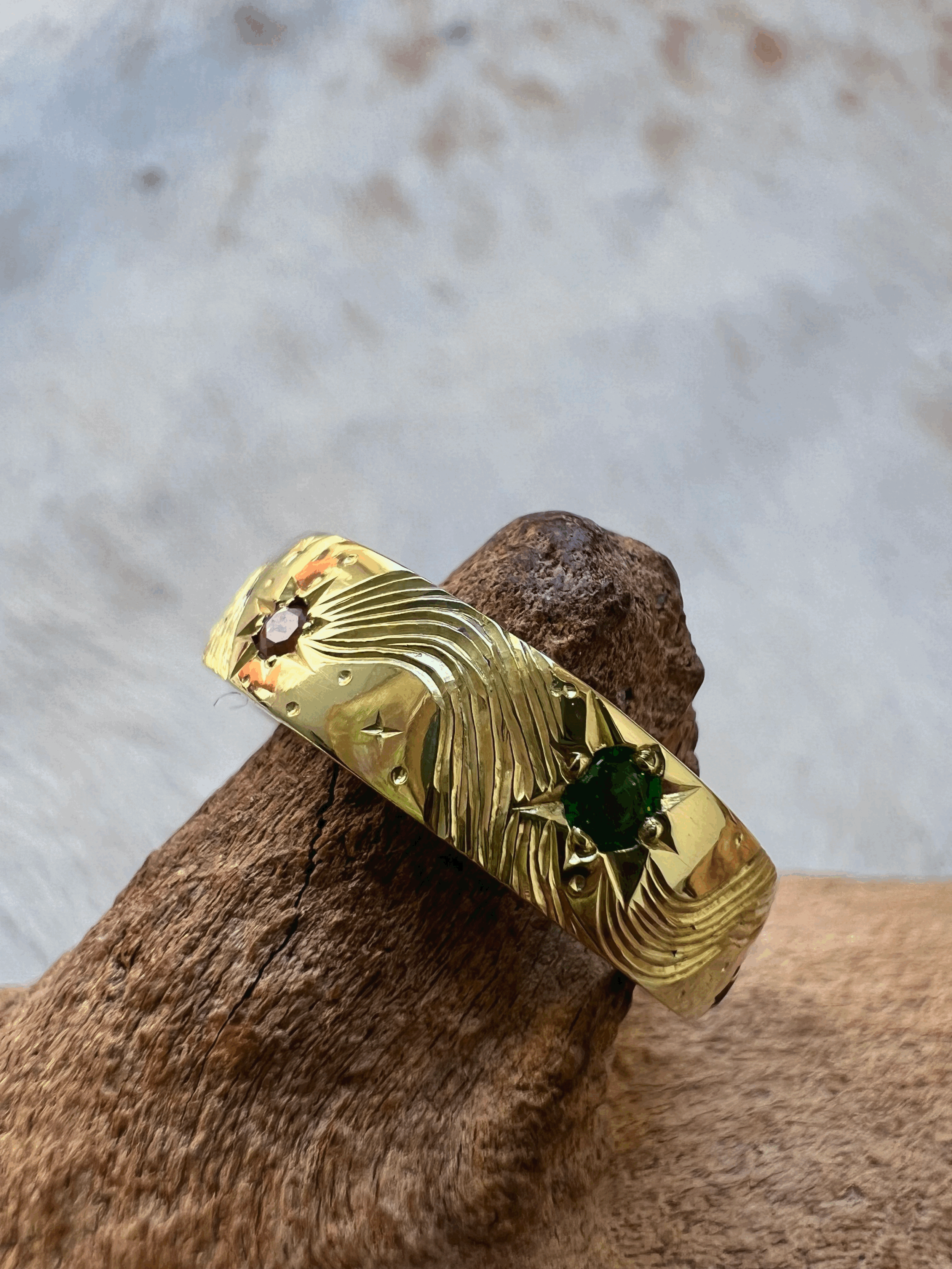 Hand engraved shooting star ring