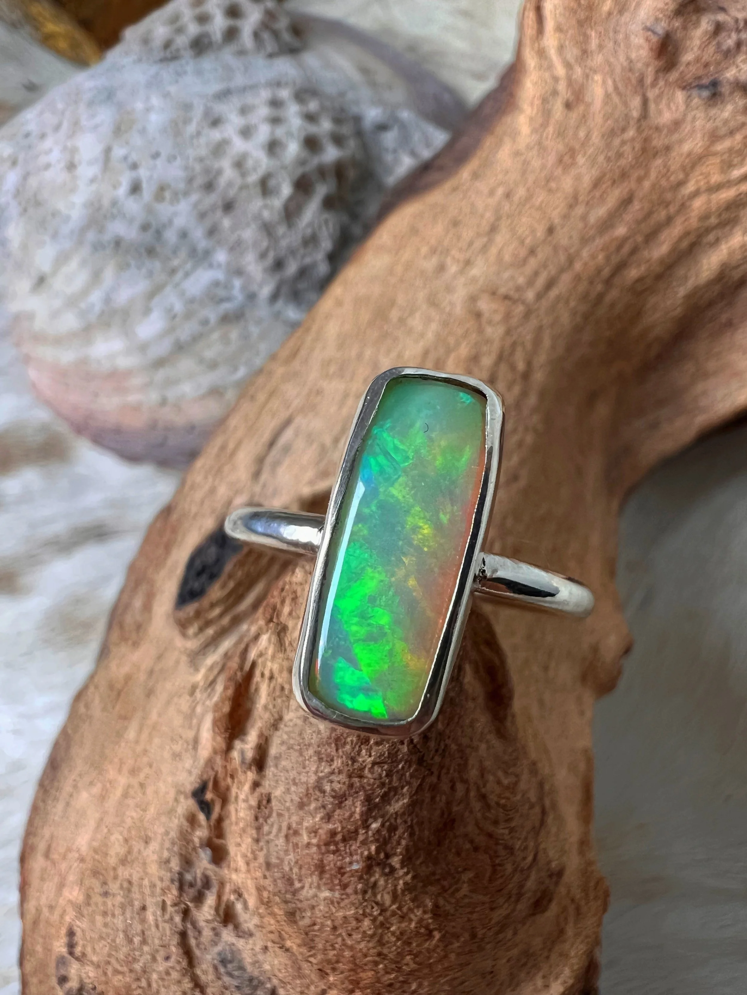 rainbow colored opal & silver ring