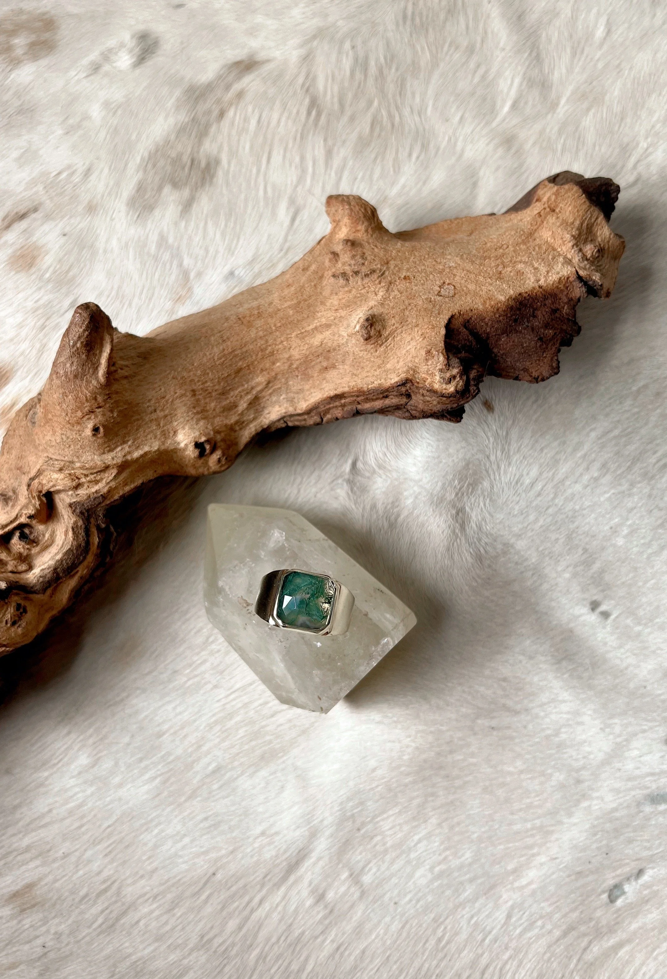 Moss agate signet ring