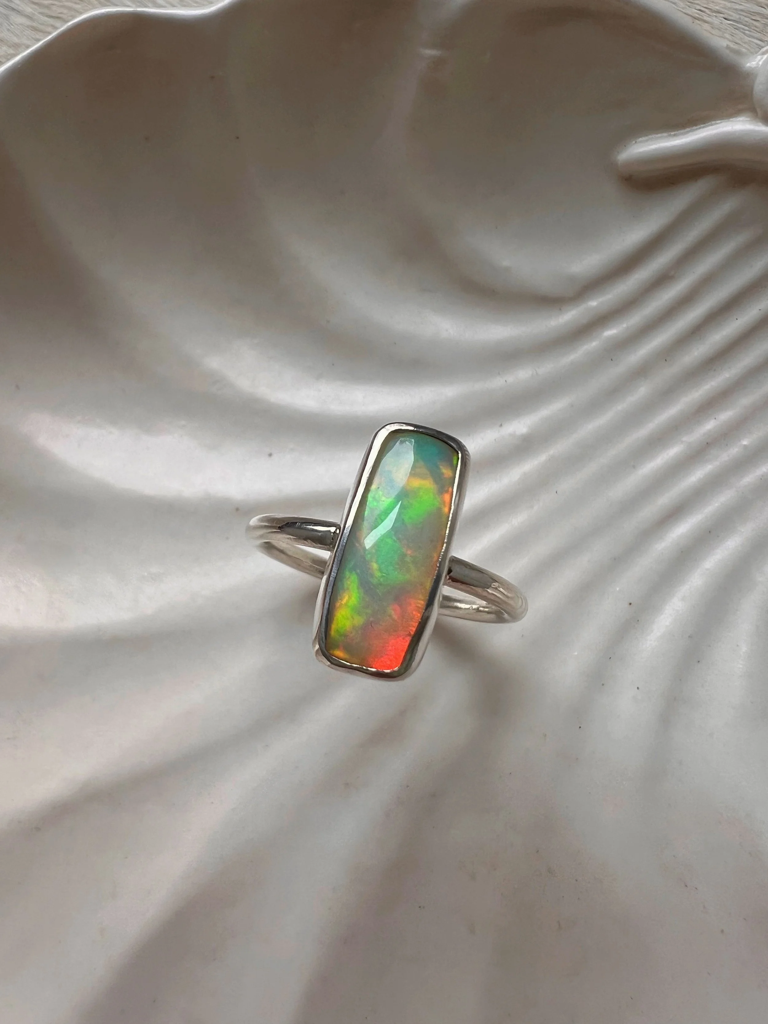 rainbow colored opal & silver ring