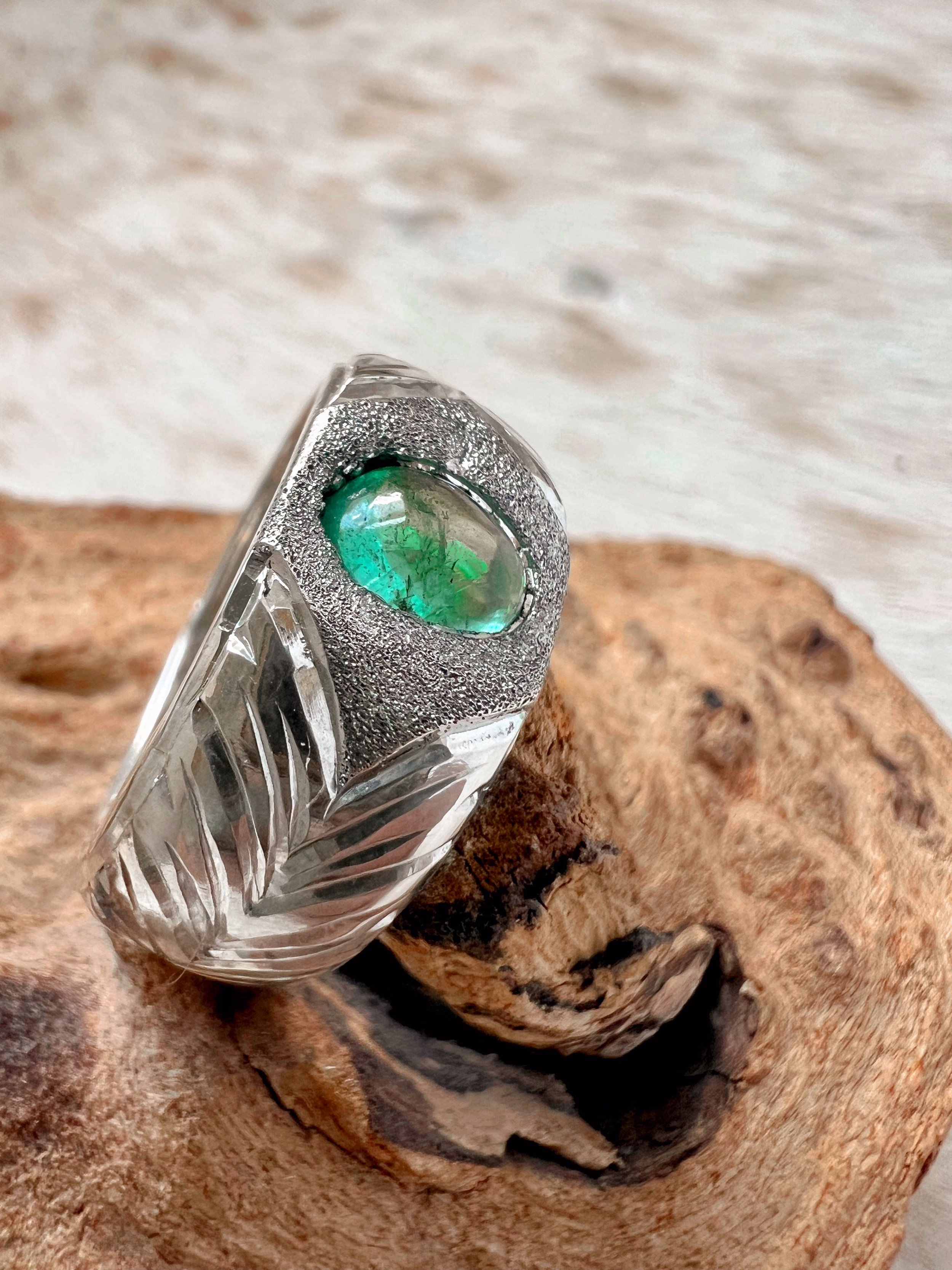 Engraved Silver & Emerald ring