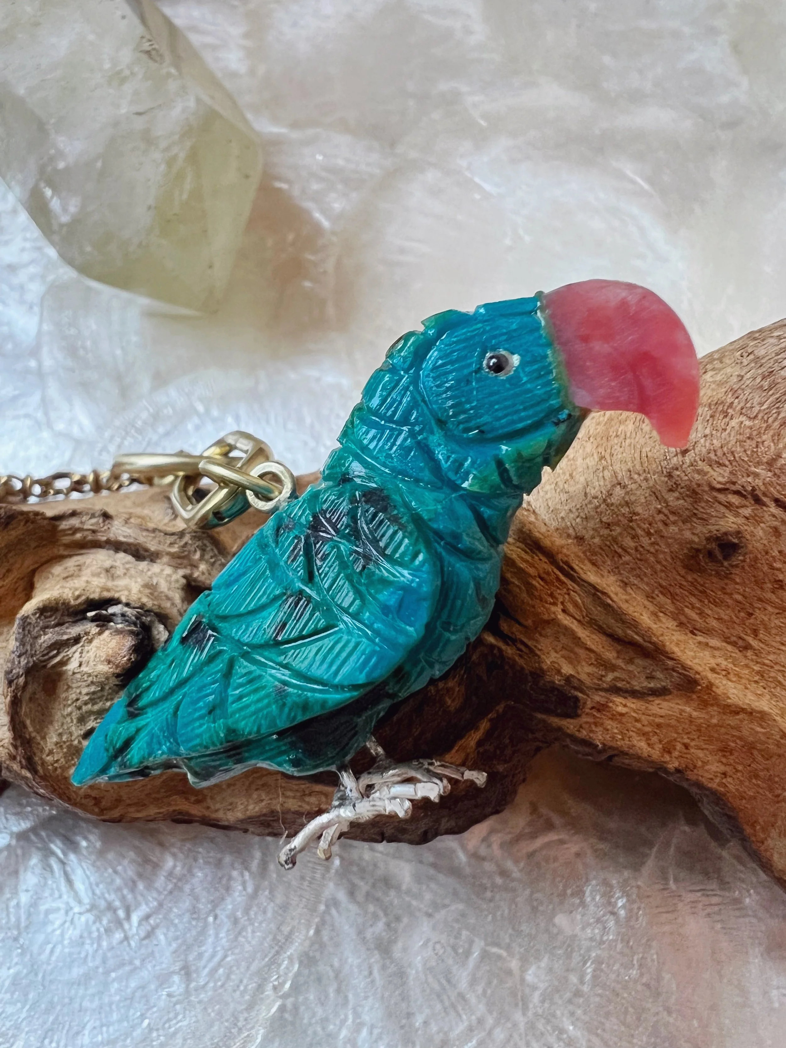 vintage gemstone carved bird pendant