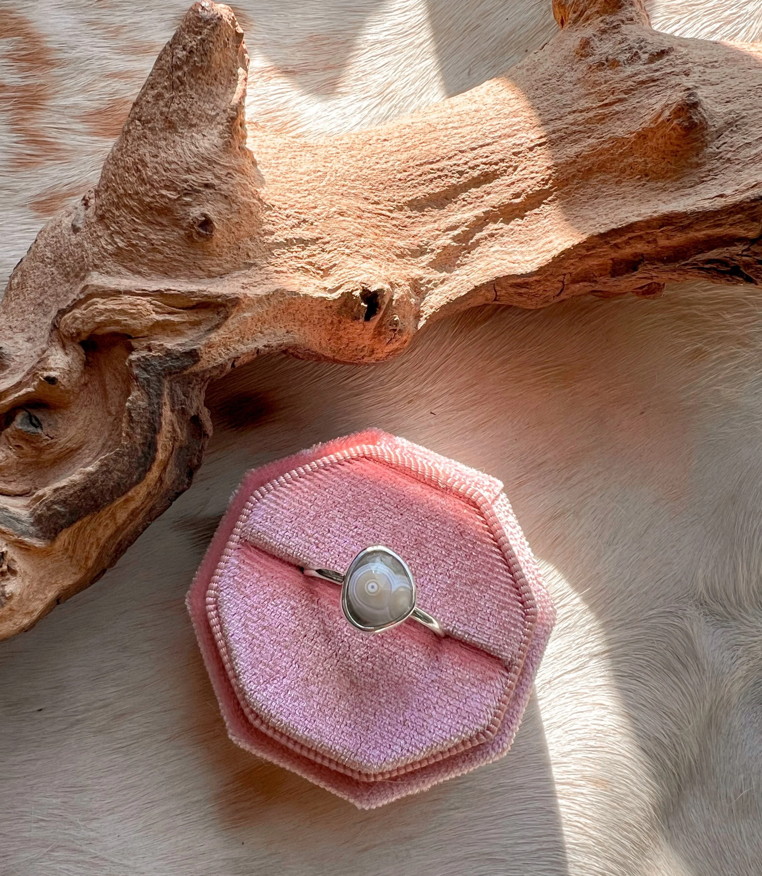 Sterling silver ring with a bezel-set , rose-cut Ocean Jasper