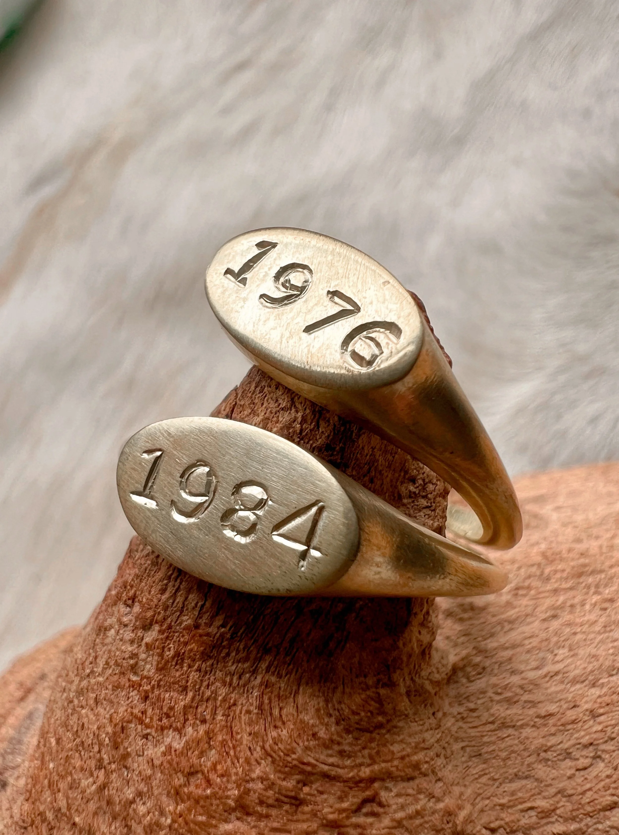 Personalized brass signet ring with a custom engraved birth year