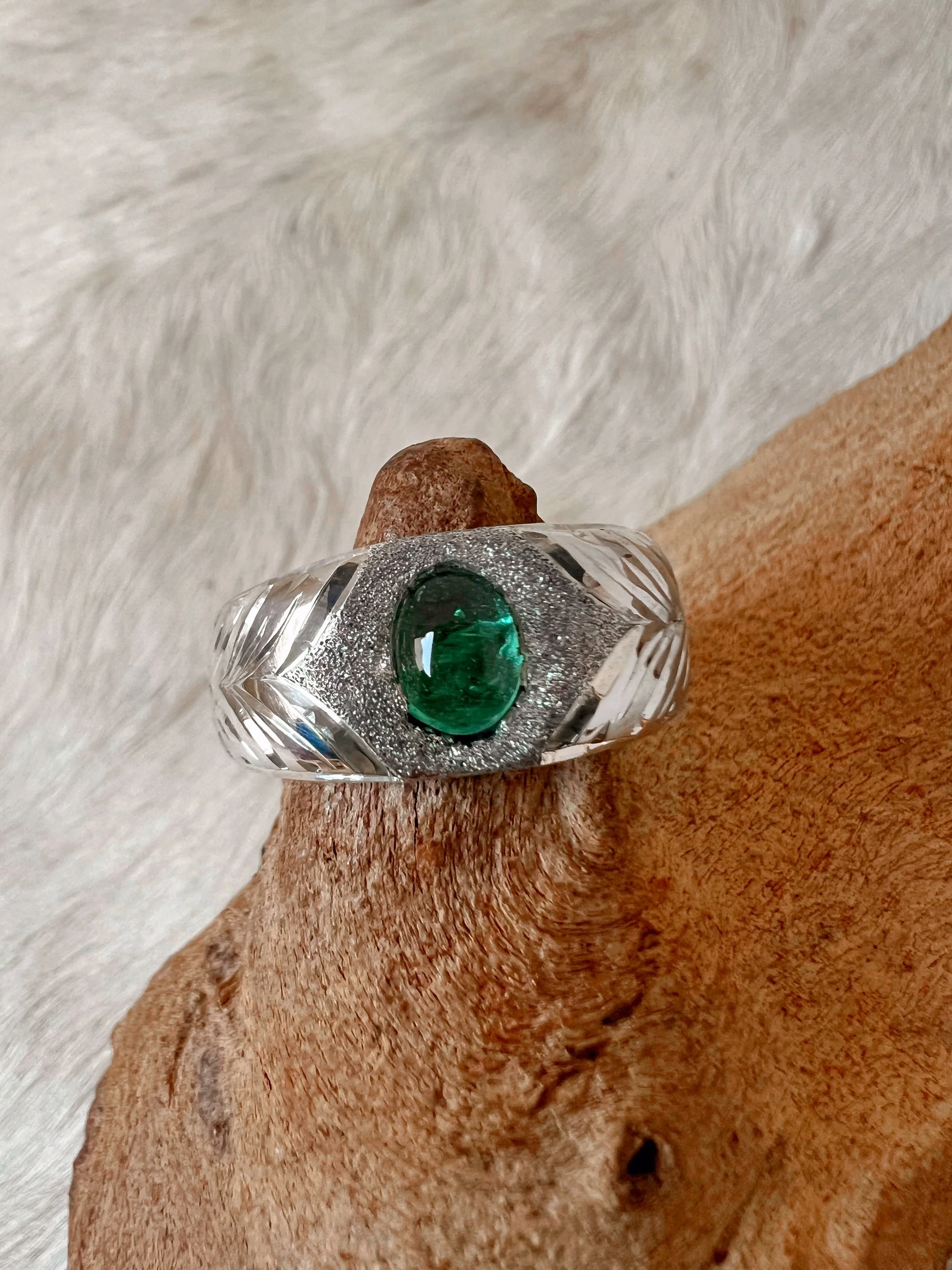 Engraved Silver & Emerald ring
