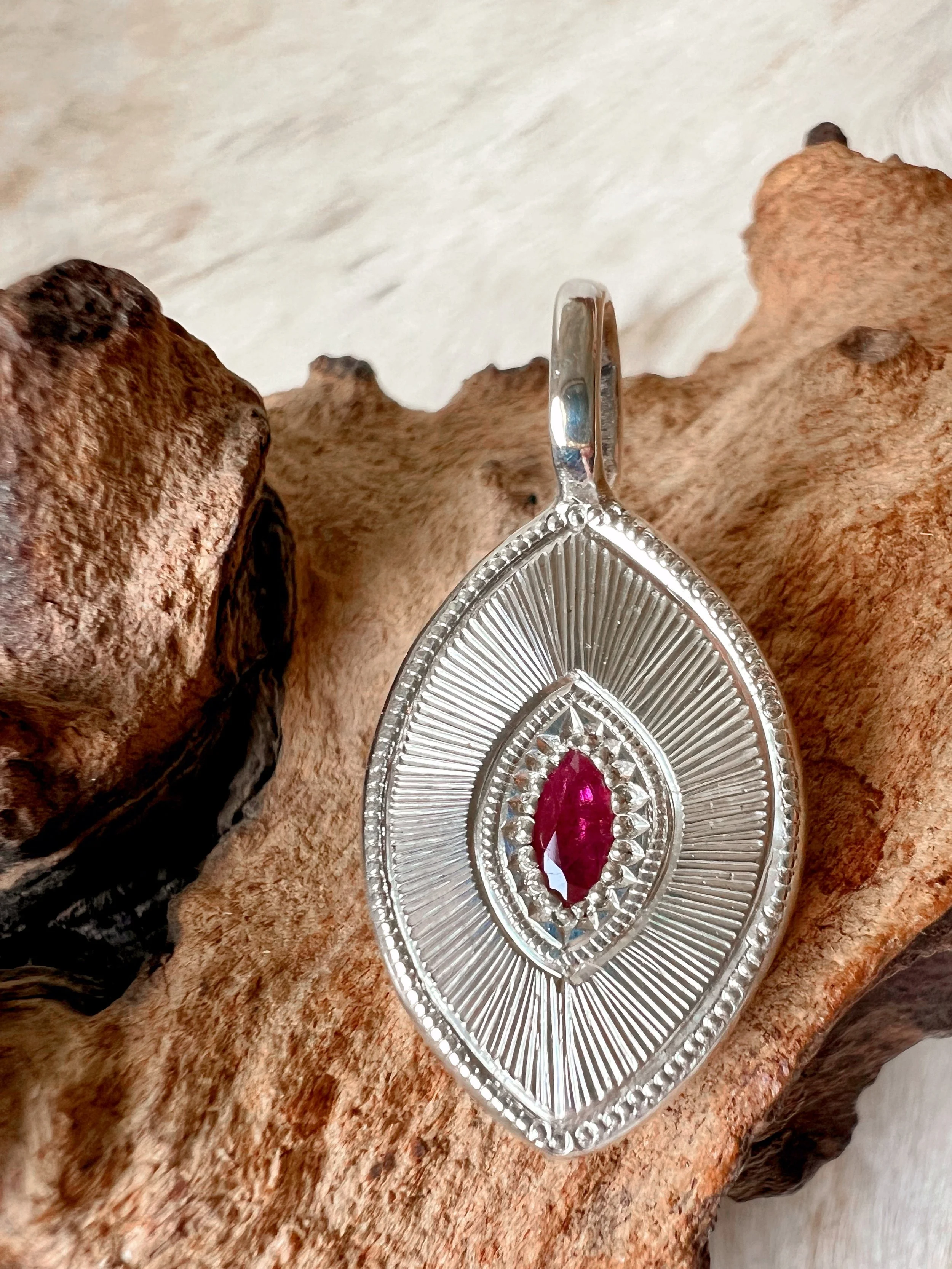 Silver and Ruby hand, engraved pendant