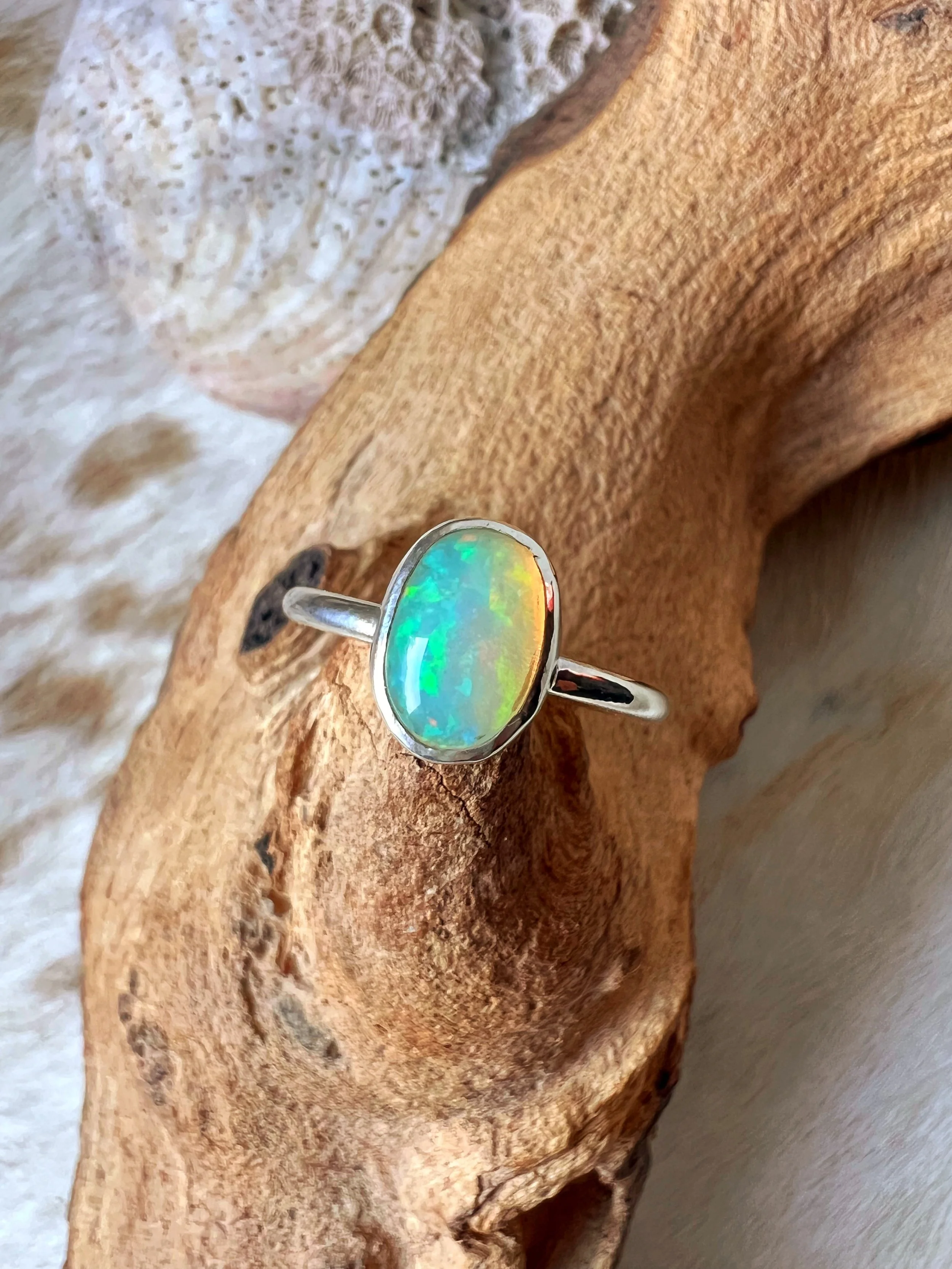 rainbow colored opal & silver ring