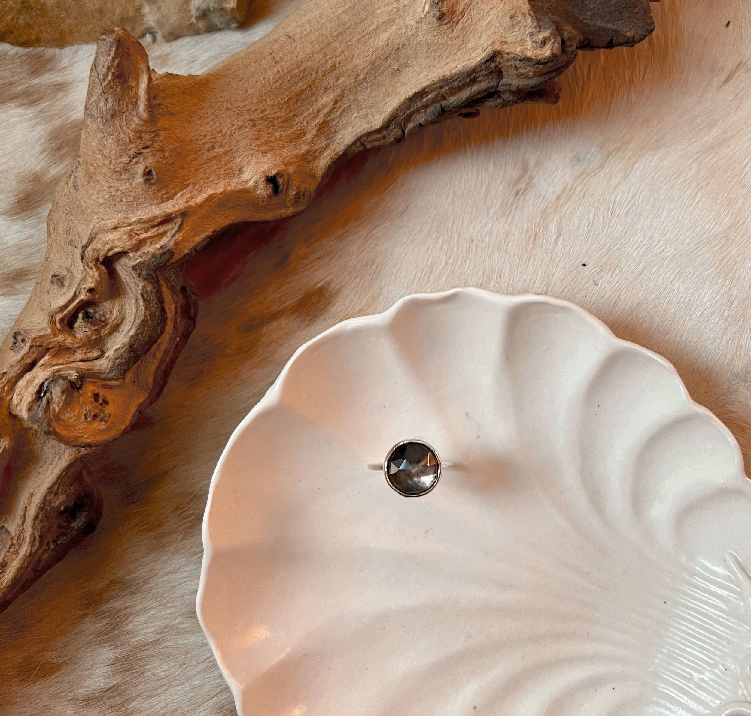 Sterling silver ring with a bezel-set faceted mother of pearl