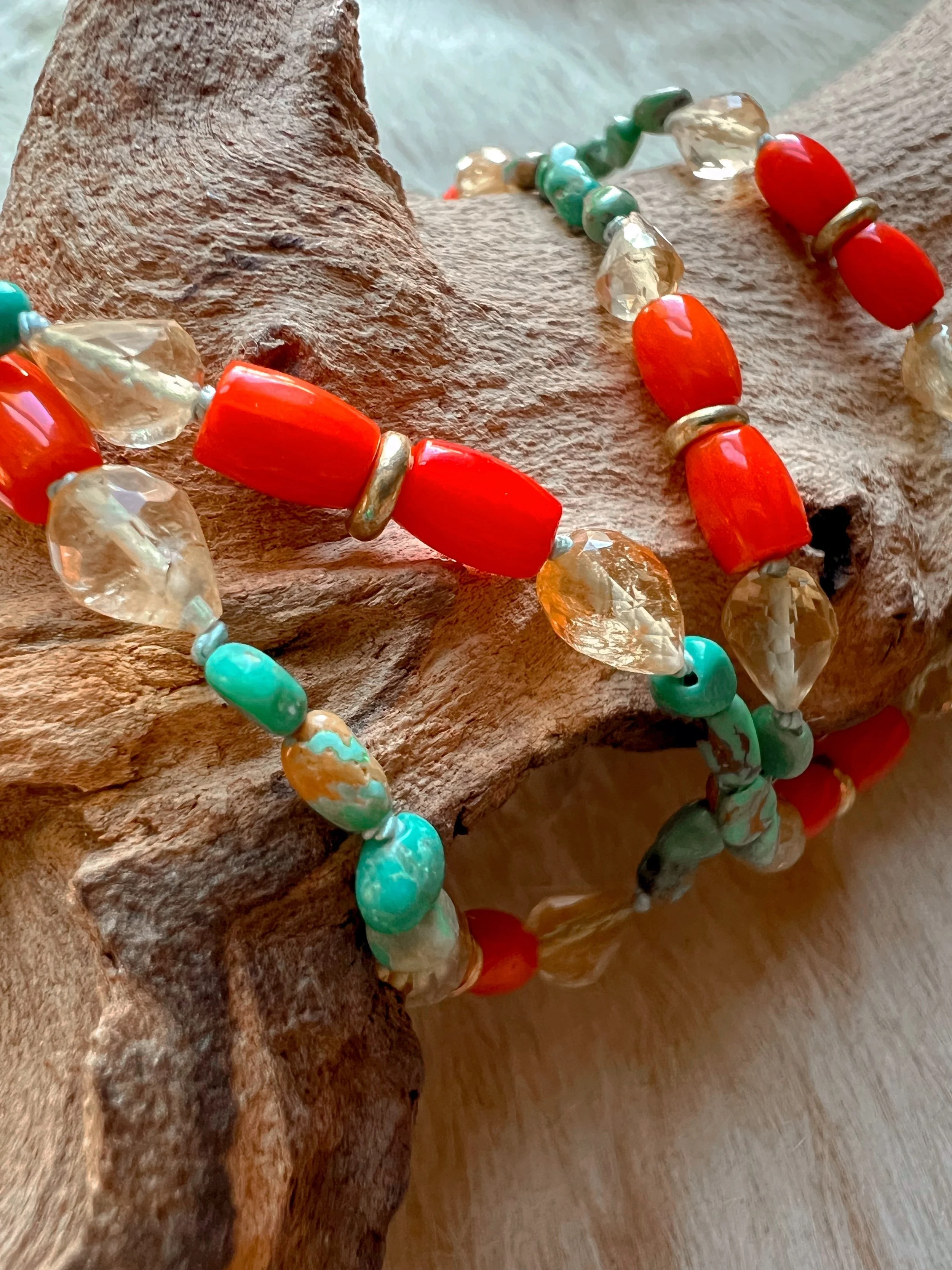 Hand-knotted necklace on pure silk featuring colorful gemstone beads