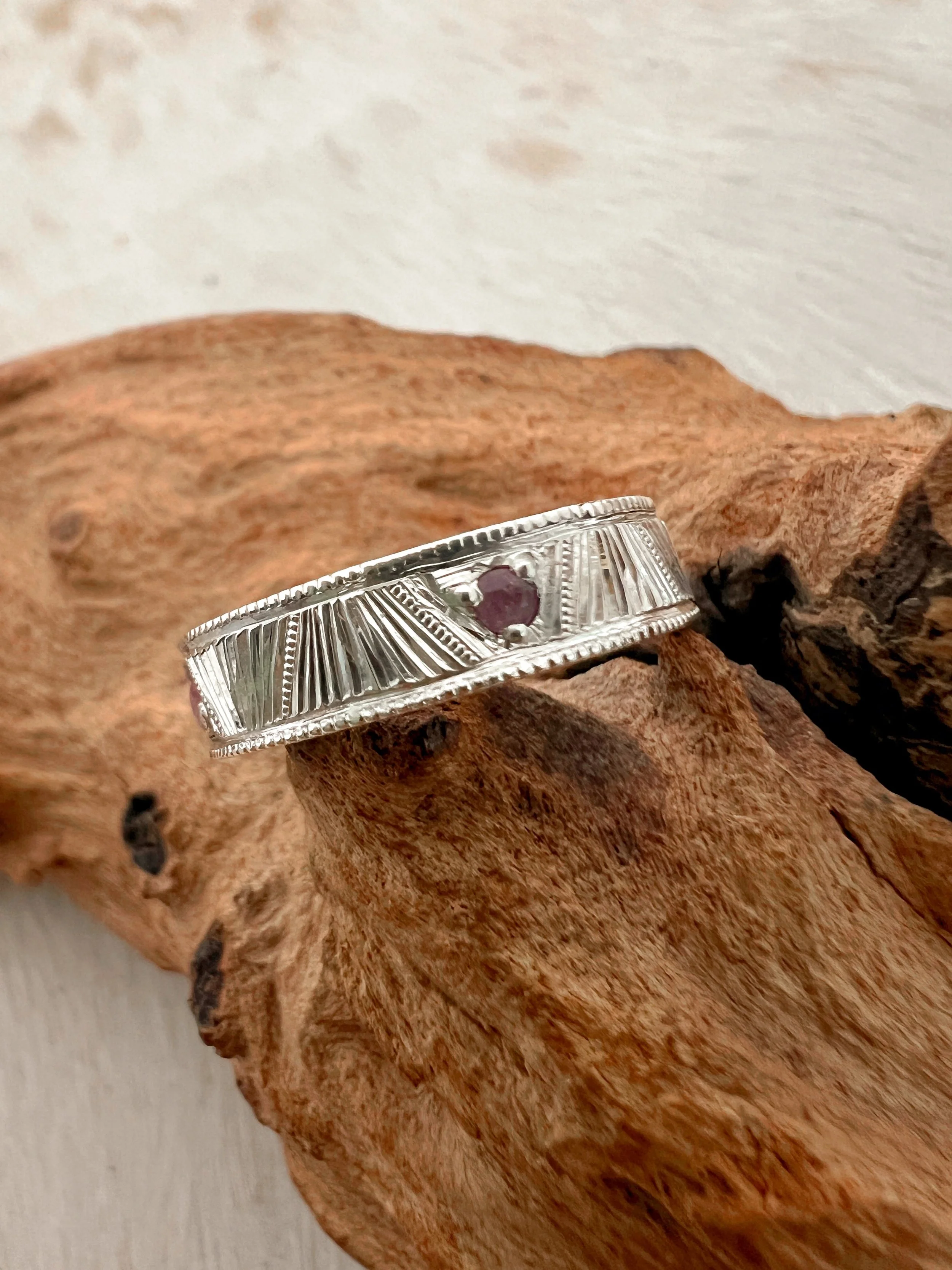 hand engraved silver & sapphire band