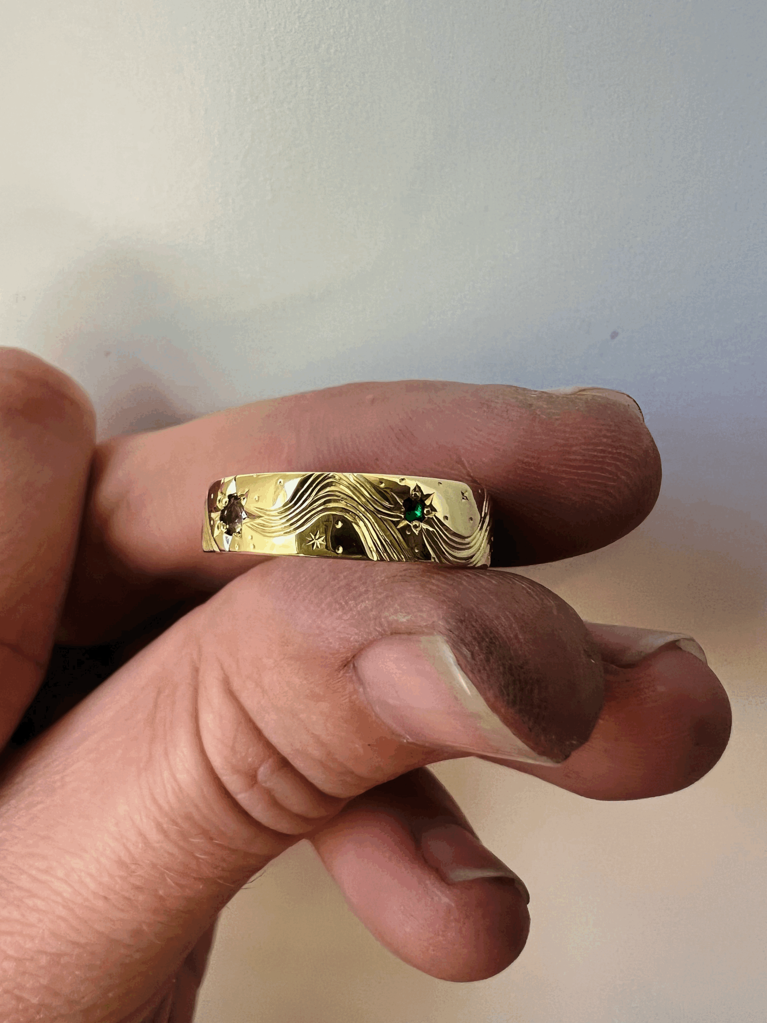 Hand engraved shooting star ring