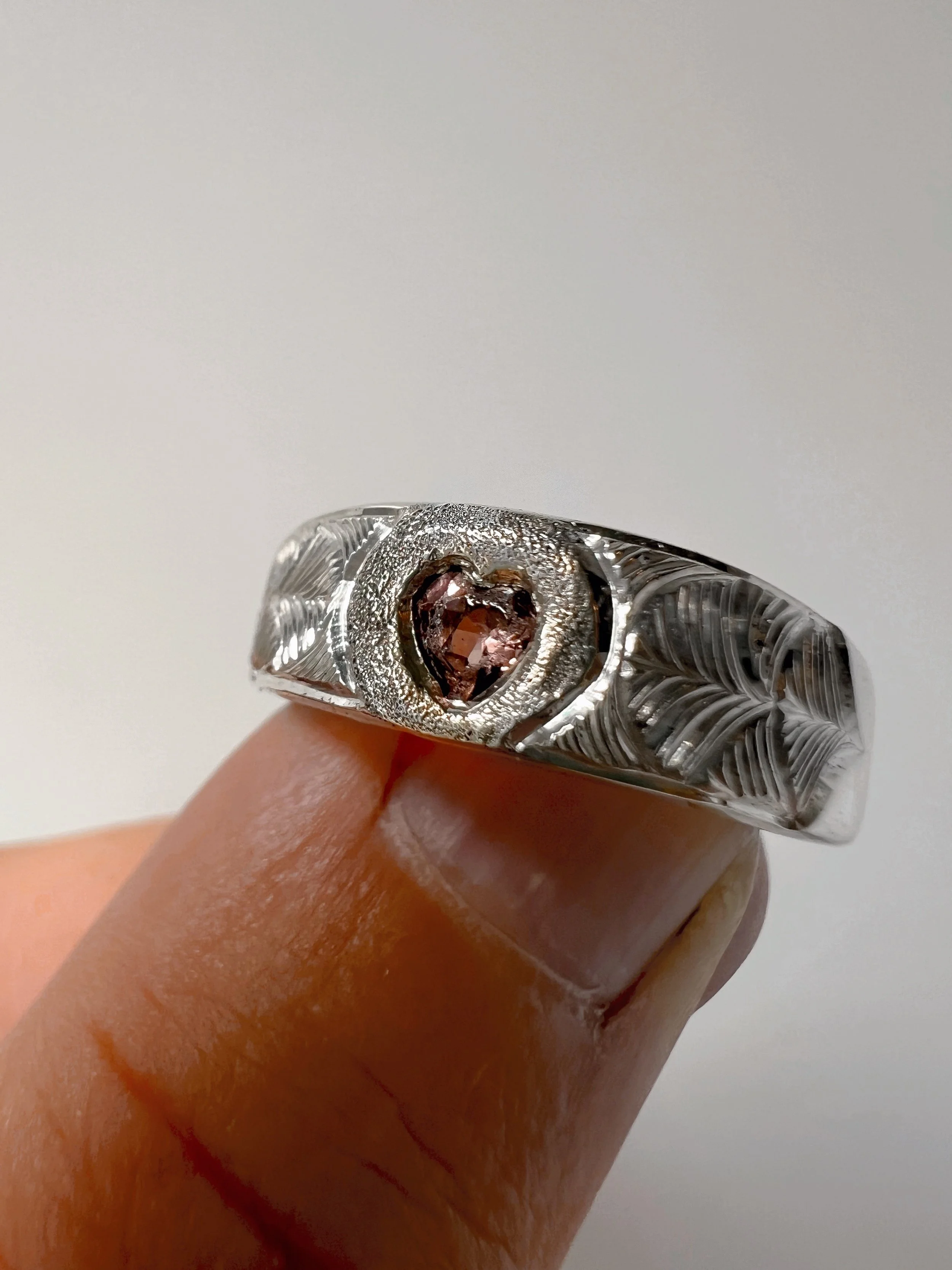 Engraved Silver heart gemstone ring