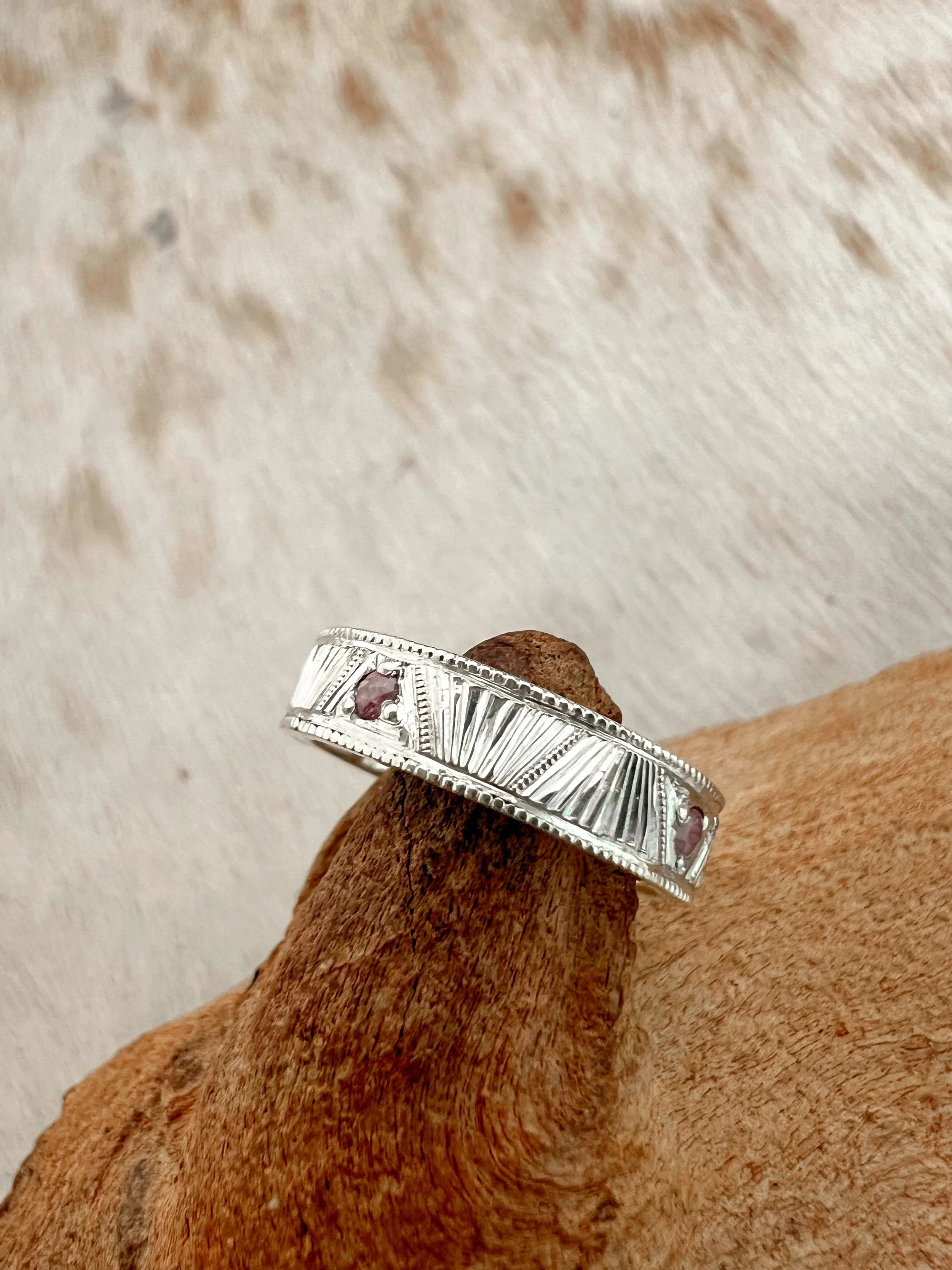 hand engraved silver & sapphire band