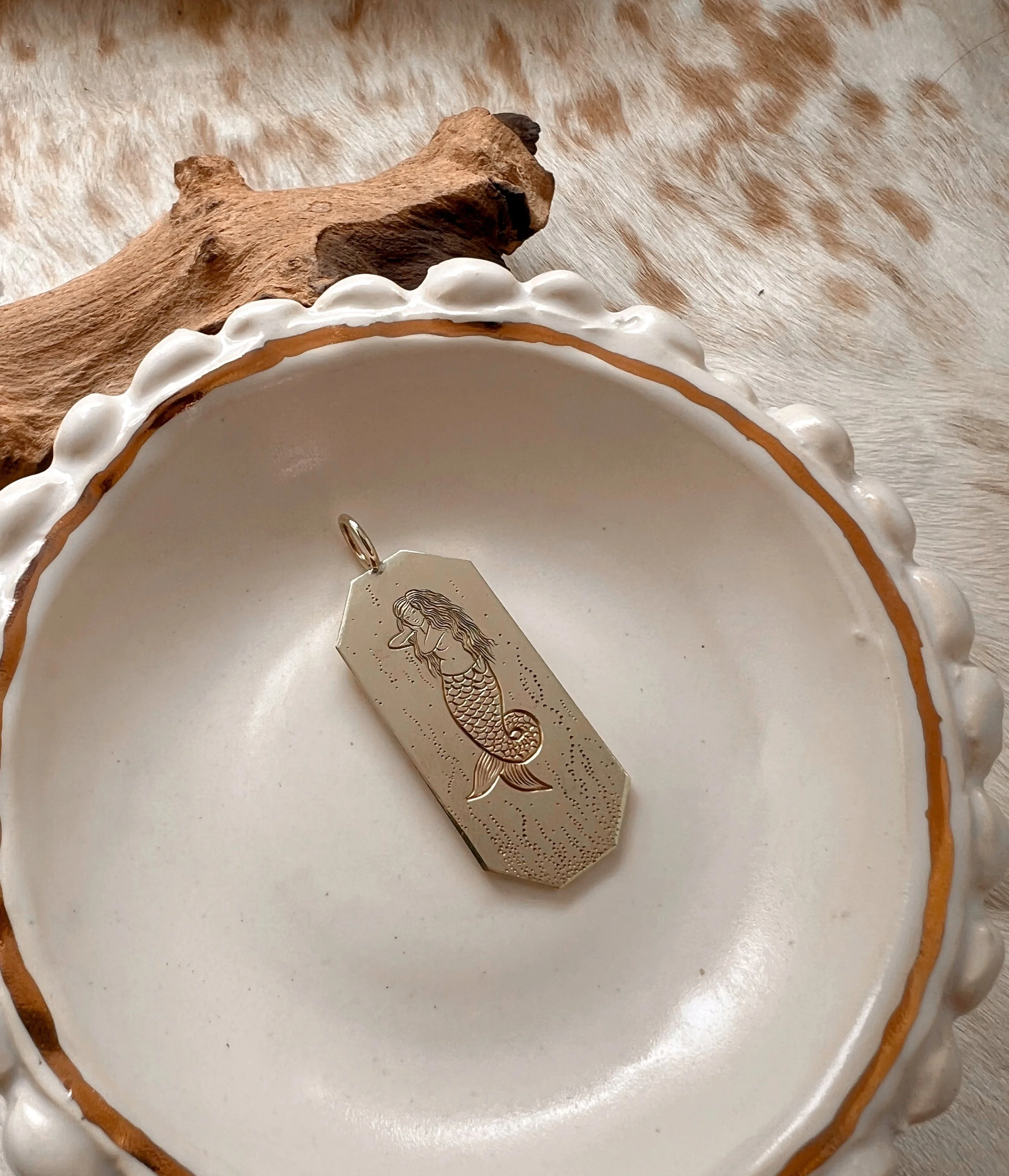 Engraved mermaid, brass pendant