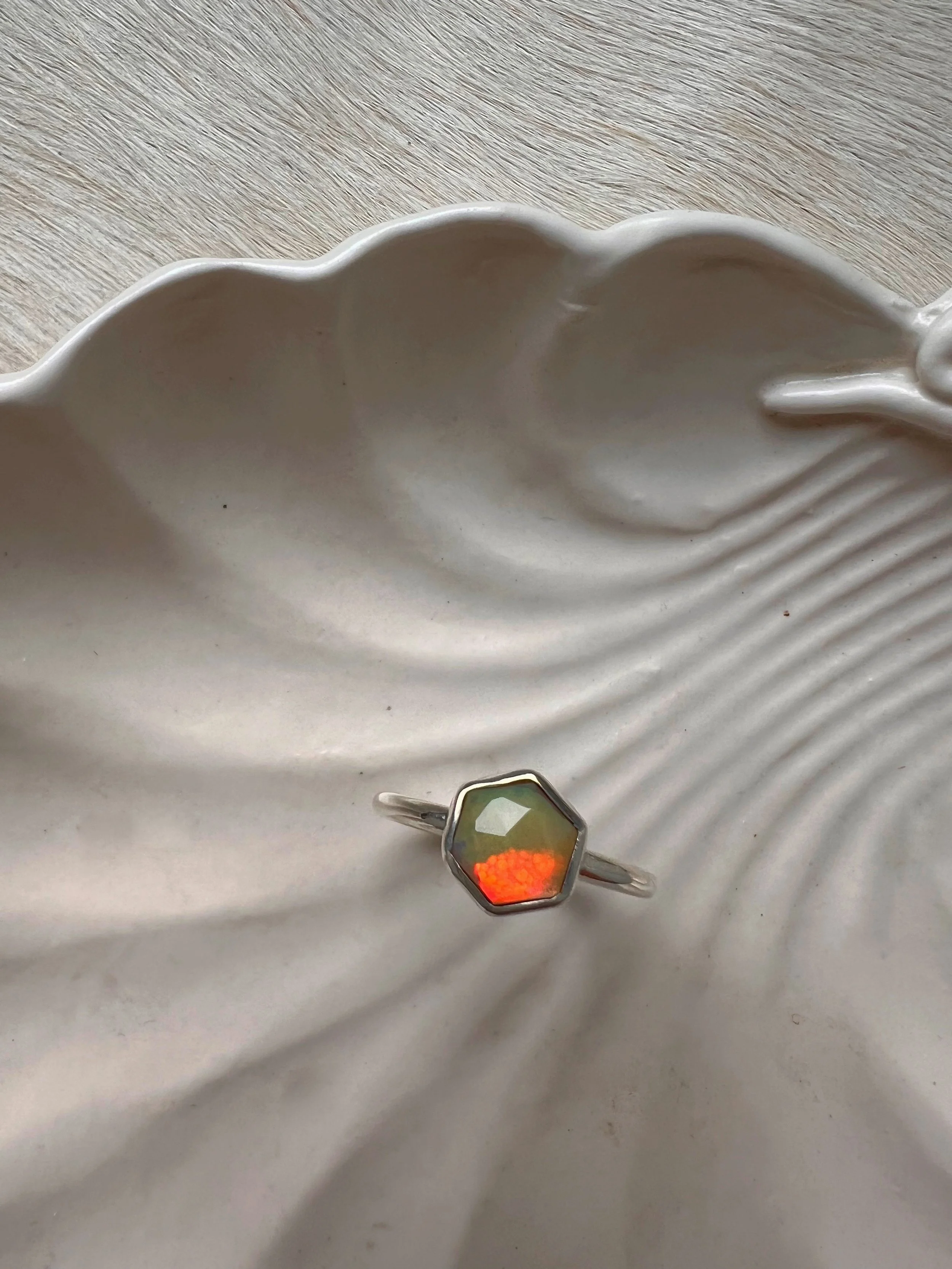 glowing hexagon opal & silver ring