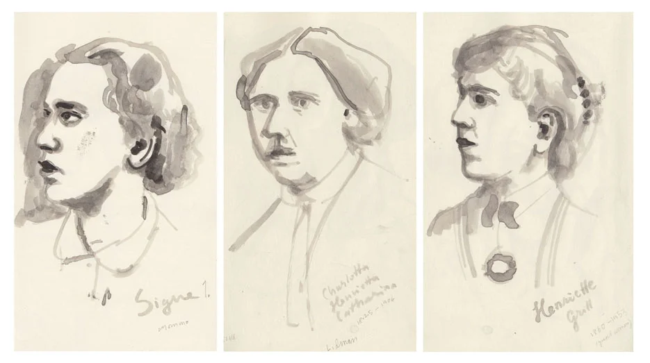 Early sketches of three of the women drawn with a brushpen.